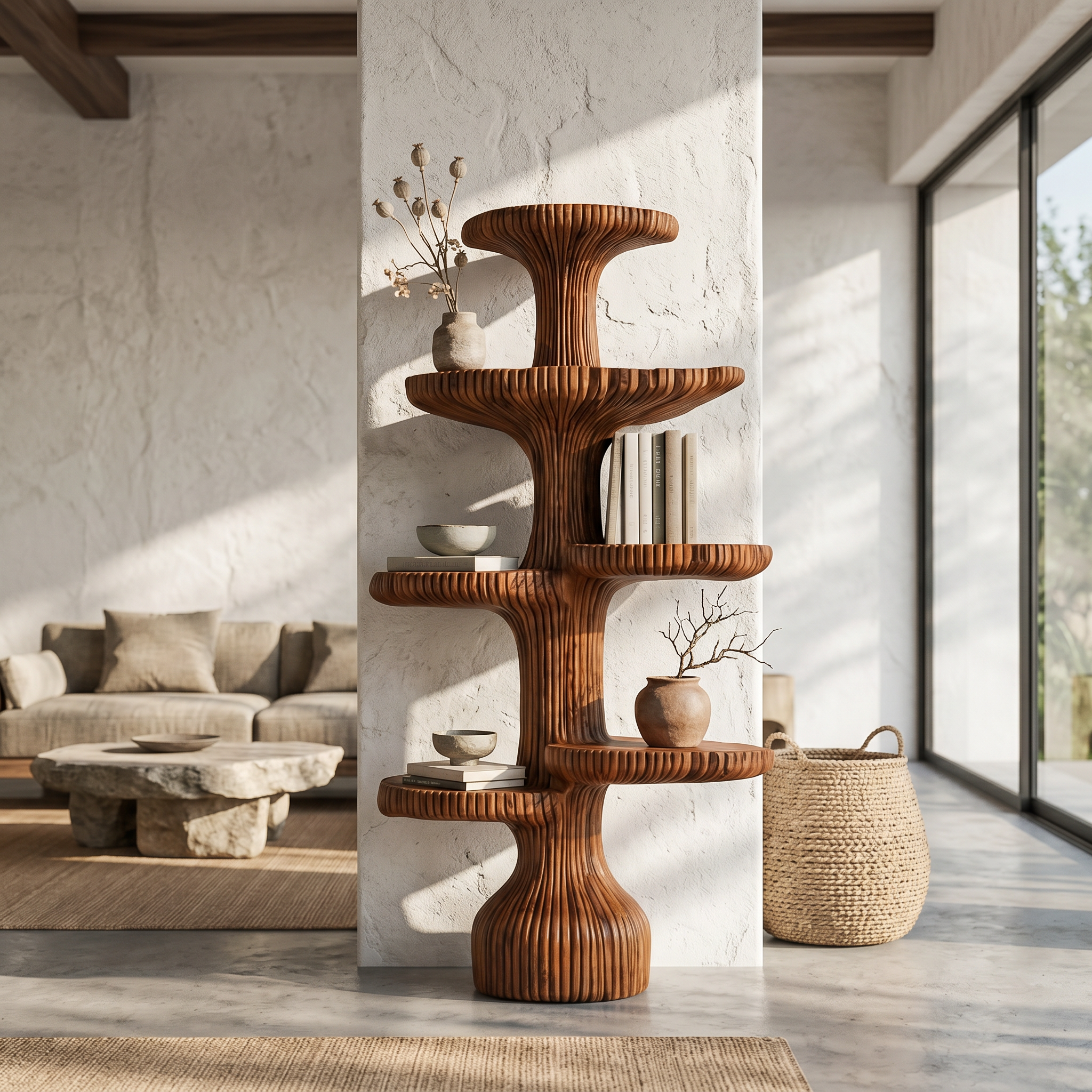 Sculptural Tiered Tree Shelf Living Room Interior Artistic Feature