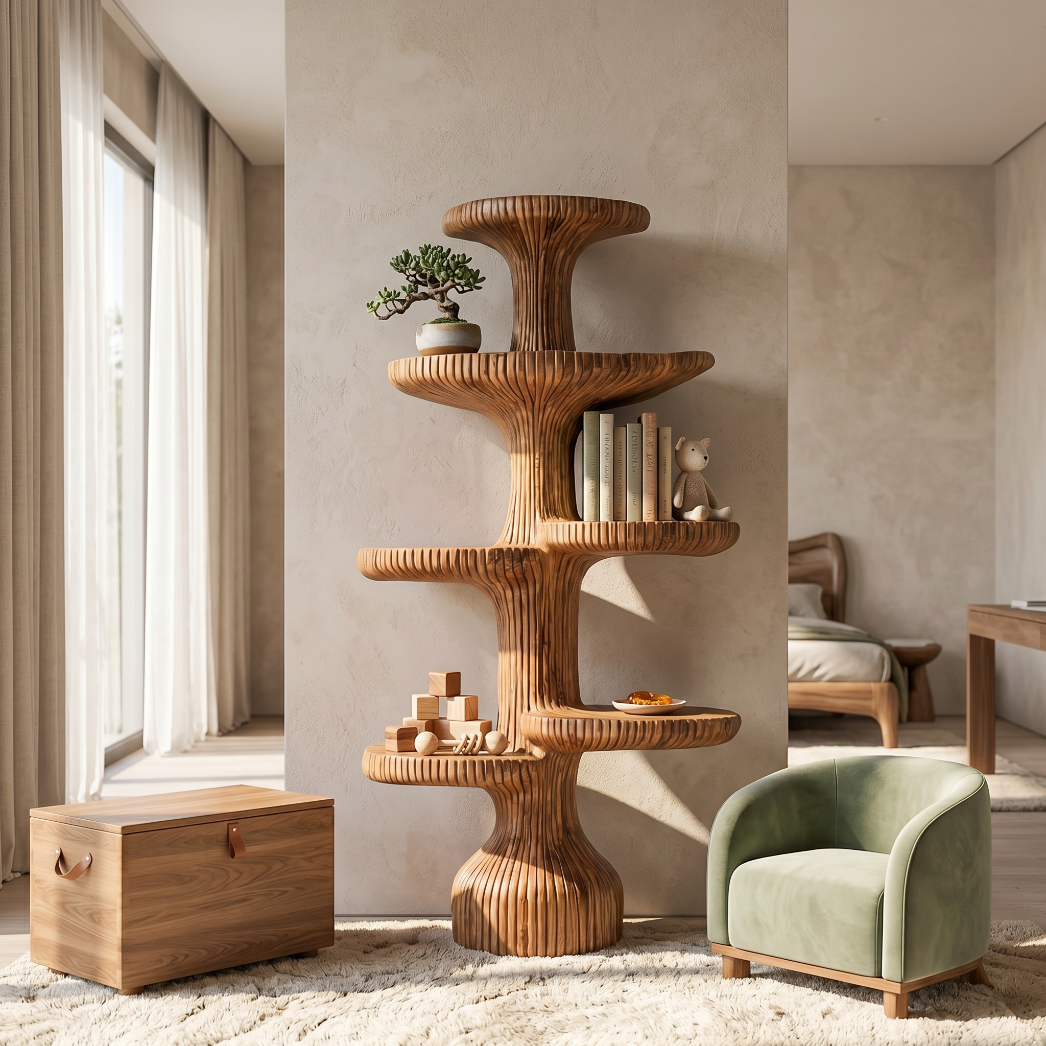 Sculptural Tiered Tree Shelf Living Room Interior Artistic Feature