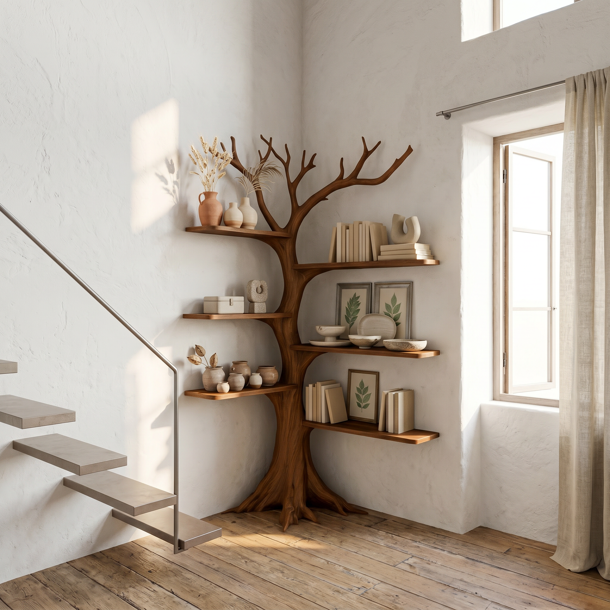 Rustic Corner Tree Bookshelf Living Room