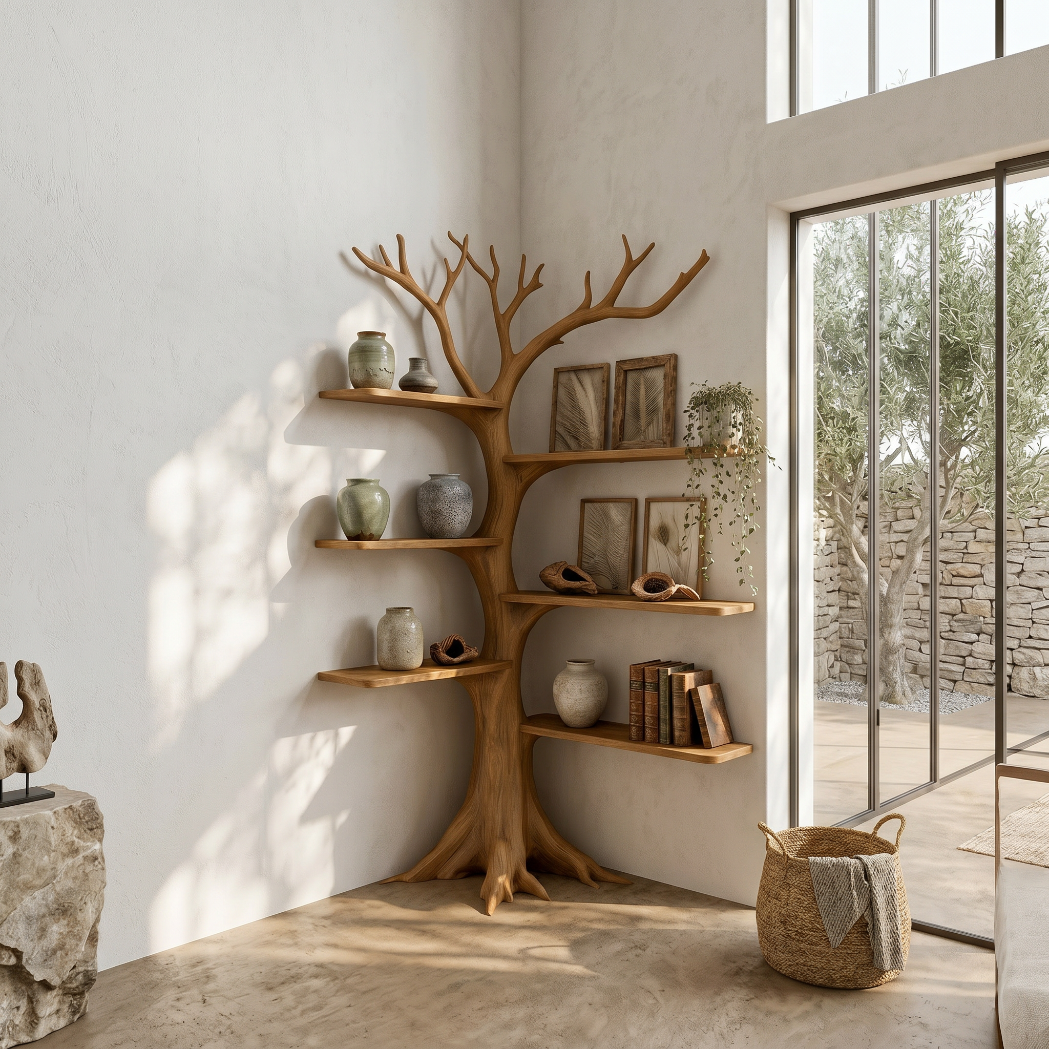 Rustic Corner Tree Bookshelf Living Room