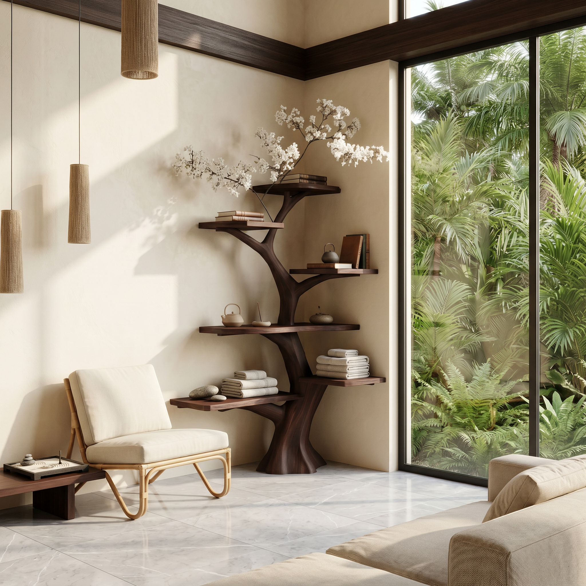 Rustic Corner Tree Bookshelf Living Room Wall