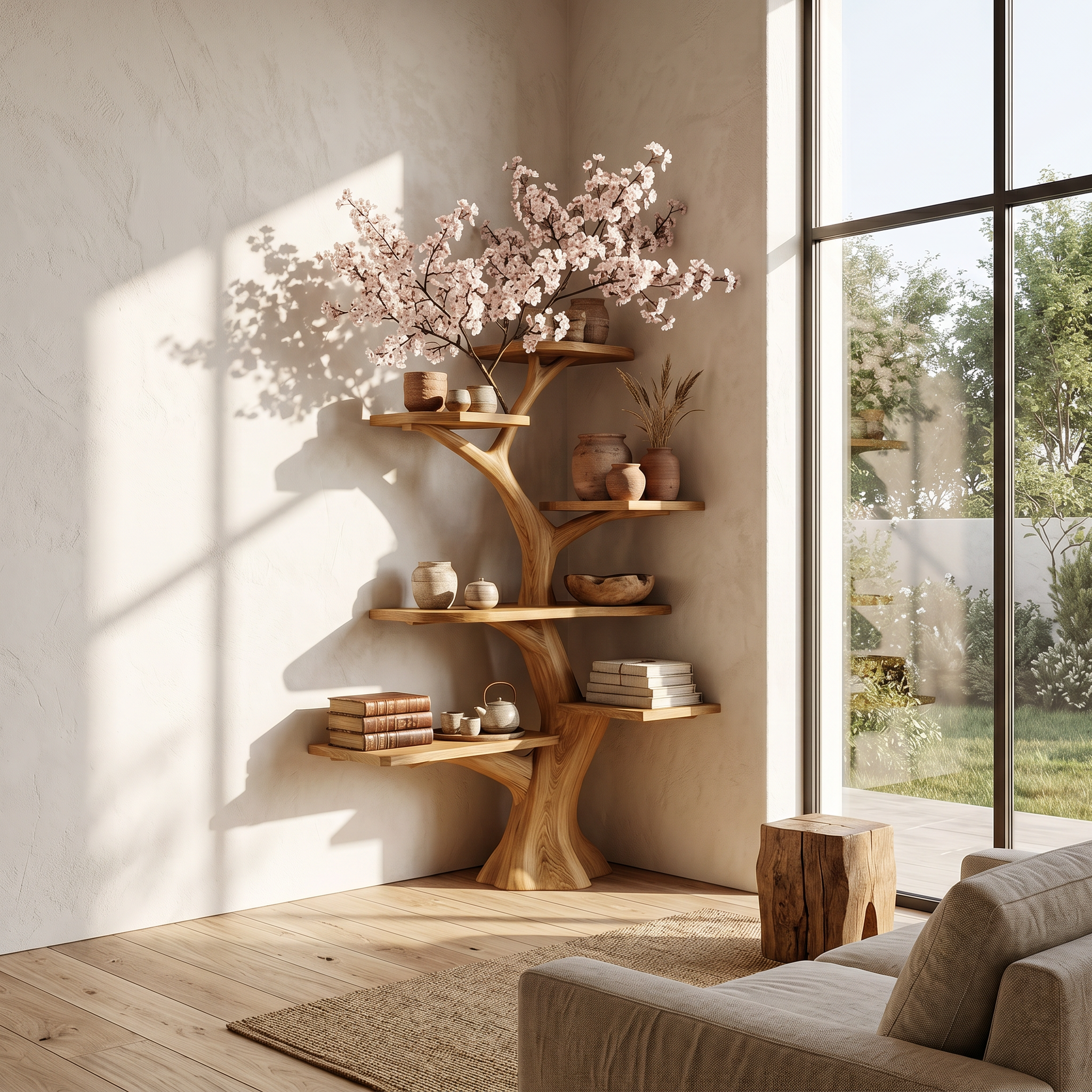 Rustic Corner Tree Bookshelf Living Room Wall