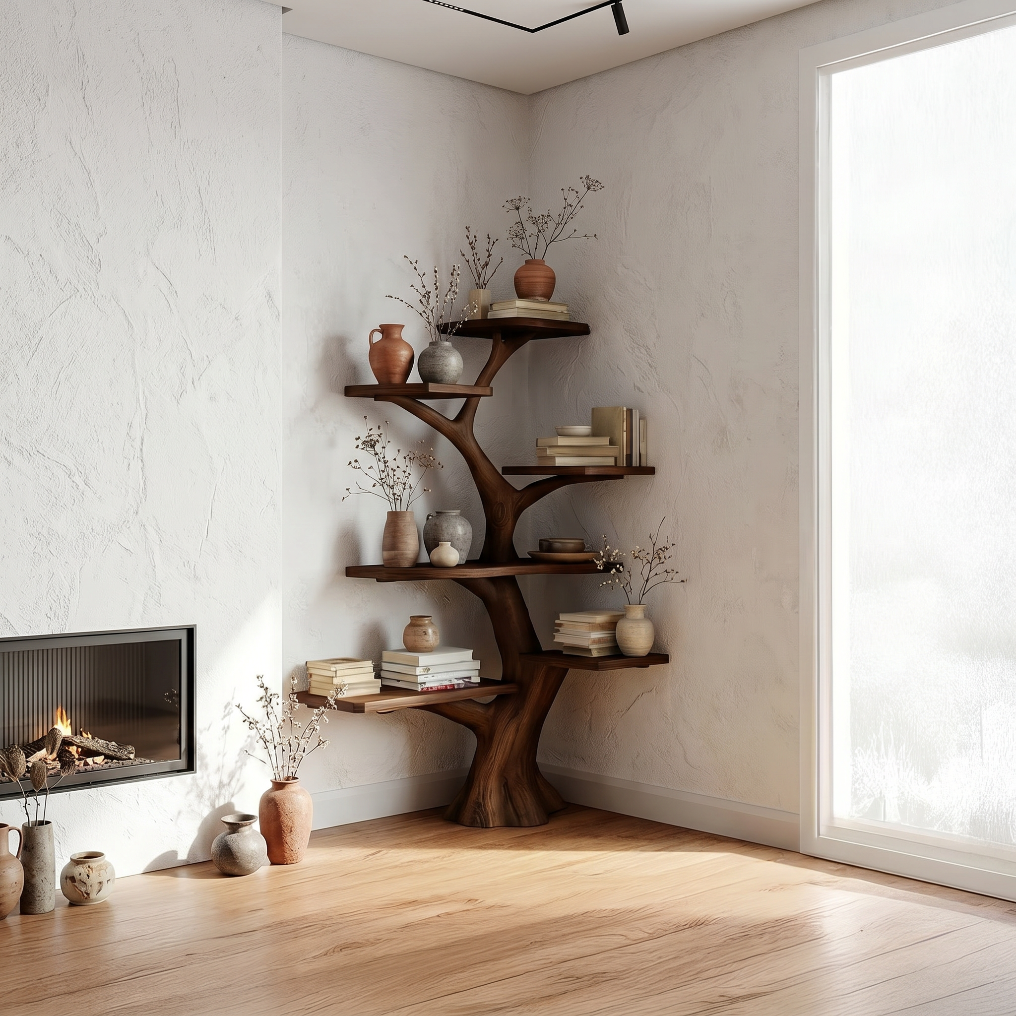 Rustic Corner Tree Bookshelf Living Room Wall