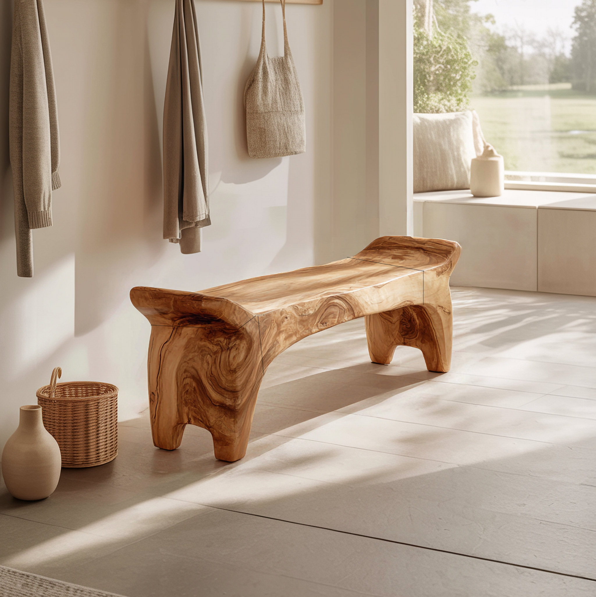 Rustic Sculptural Solid Form Bench For Entryway And Living Room
