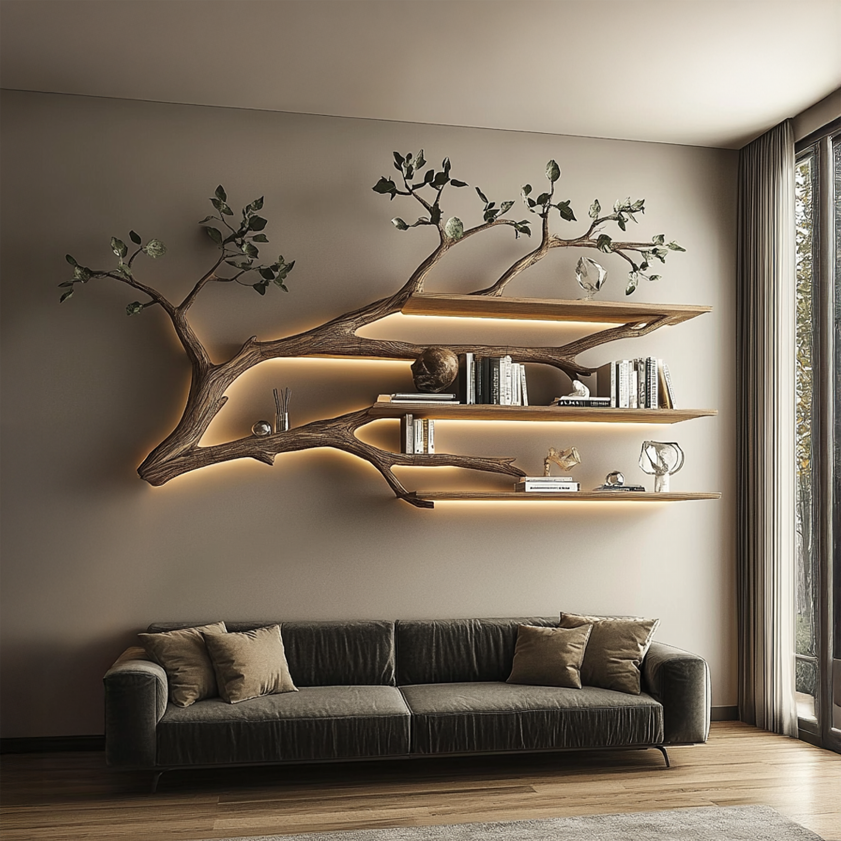 Rustic Tree Branch Floating Shelf Living Room