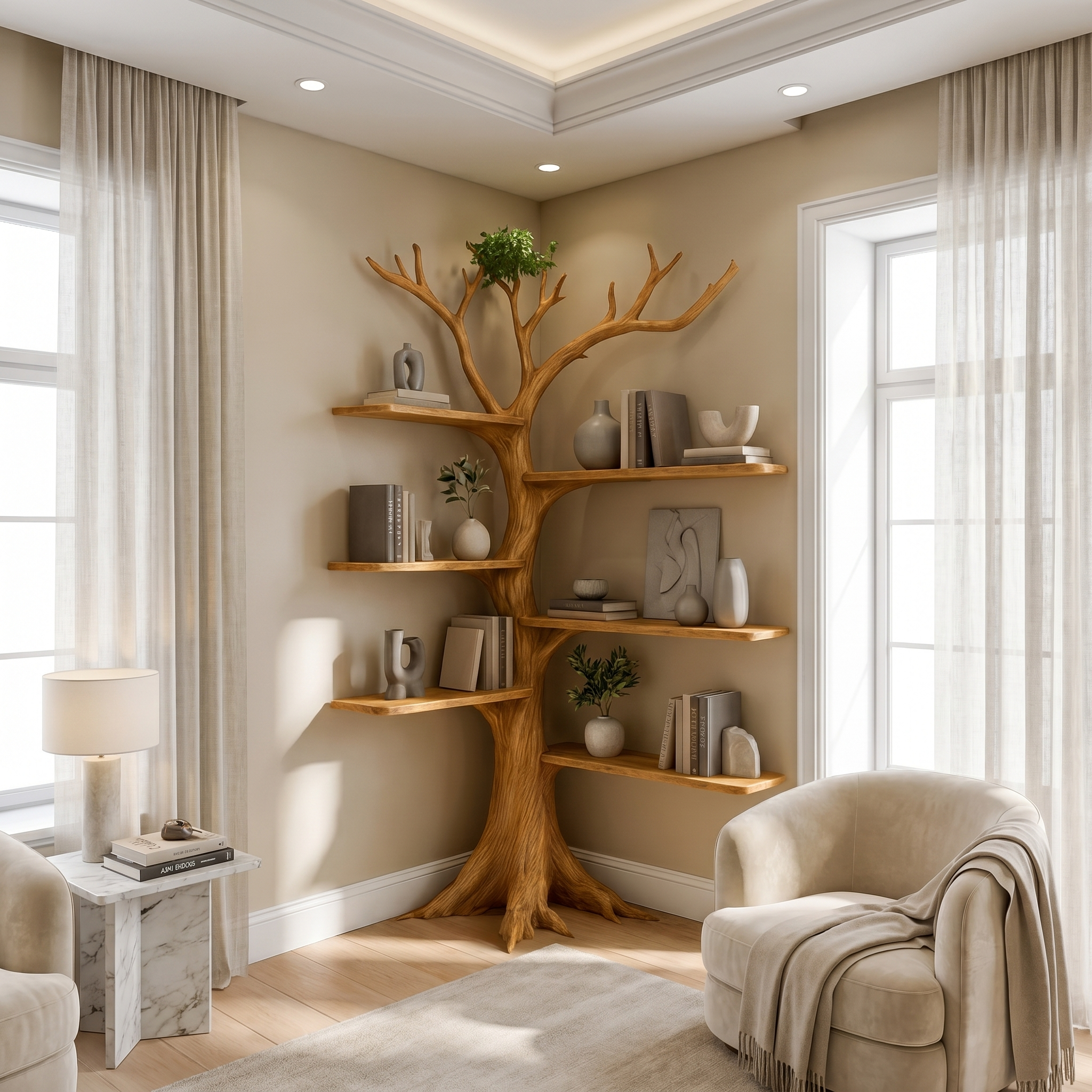 Rustic Corner Tree Bookshelf Living Room