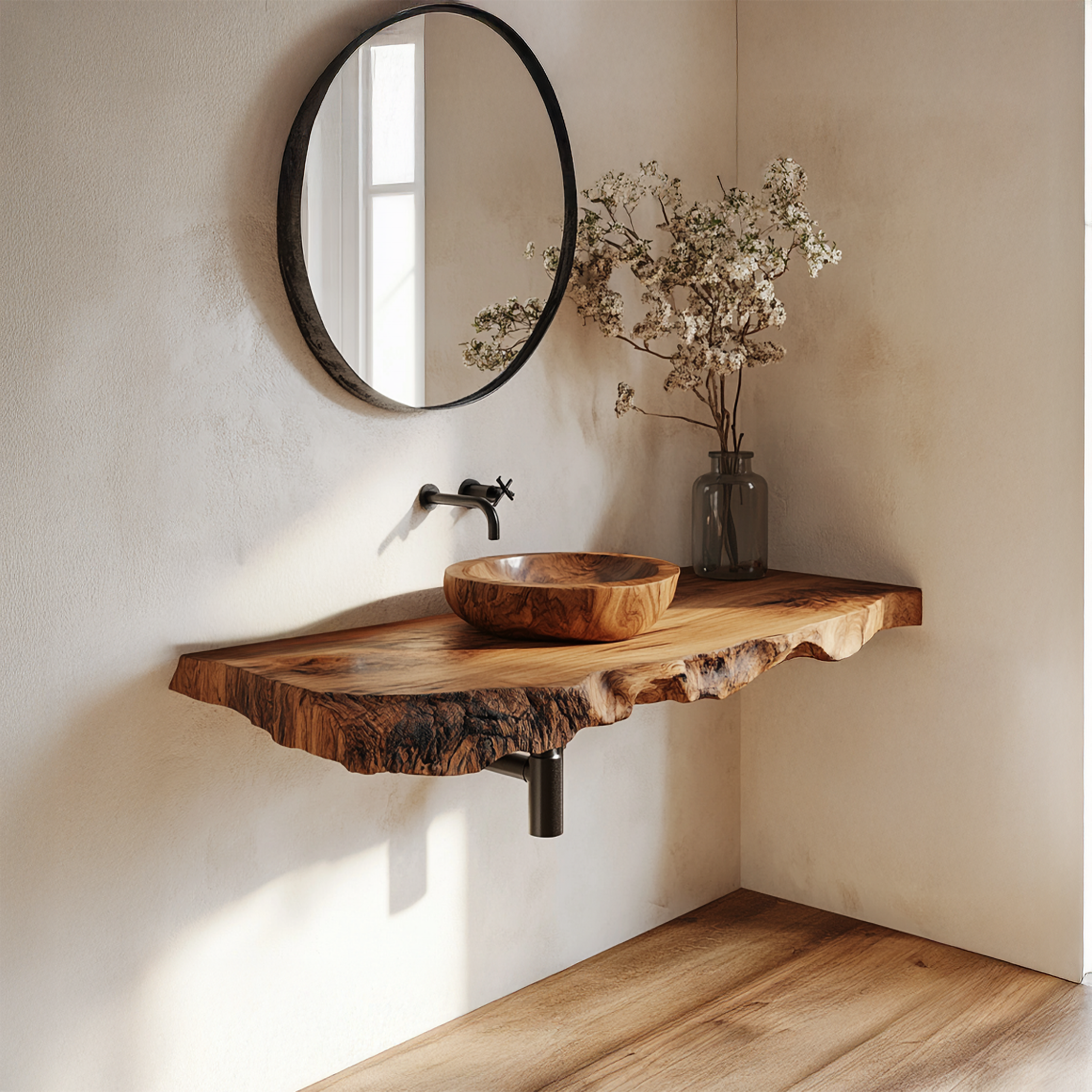 Organic Modern Live Edge Bathroom Vanity Floating Shelf Wall Console