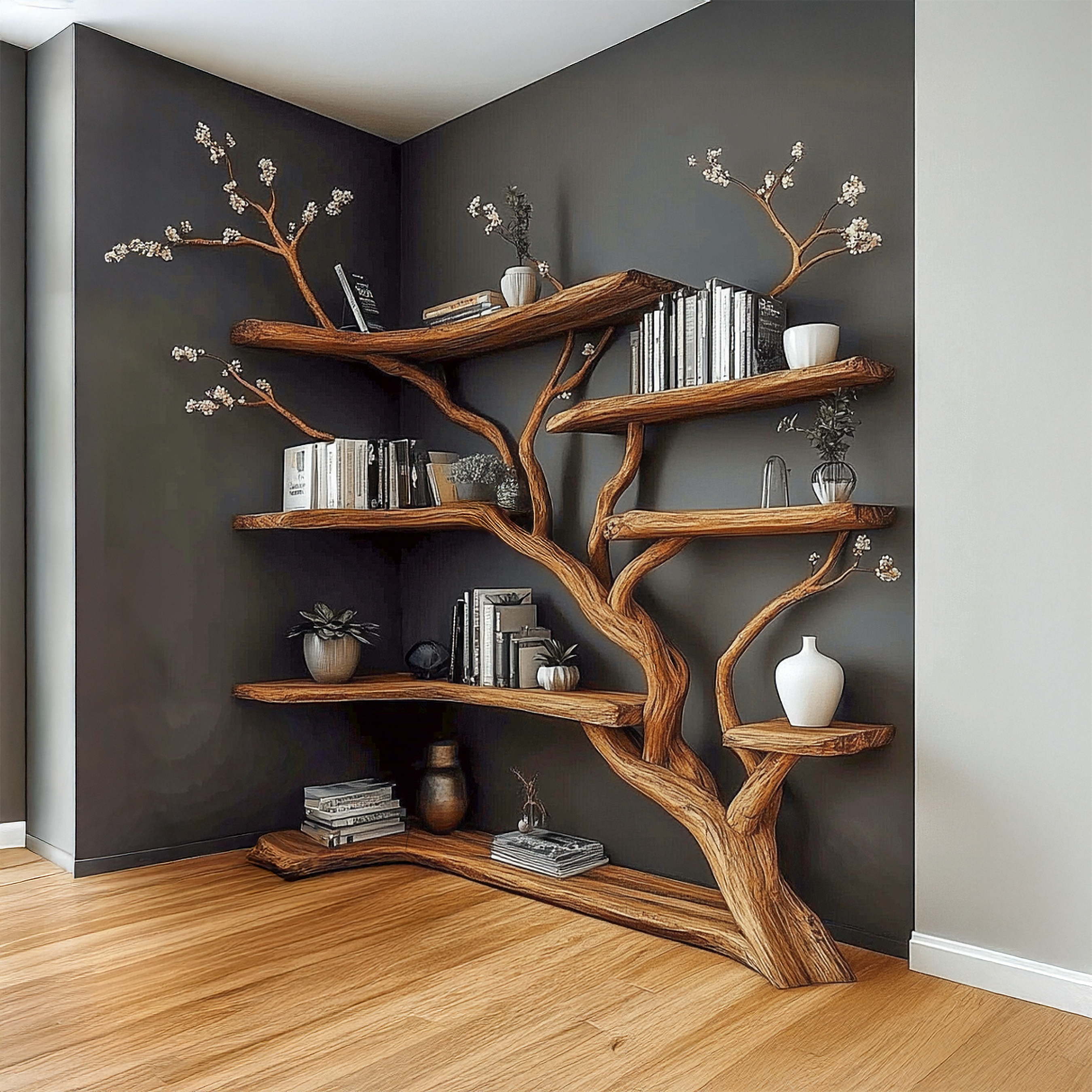 Handcrafted Tree Corner Storage Shelf Living Room Interior Feature Decor