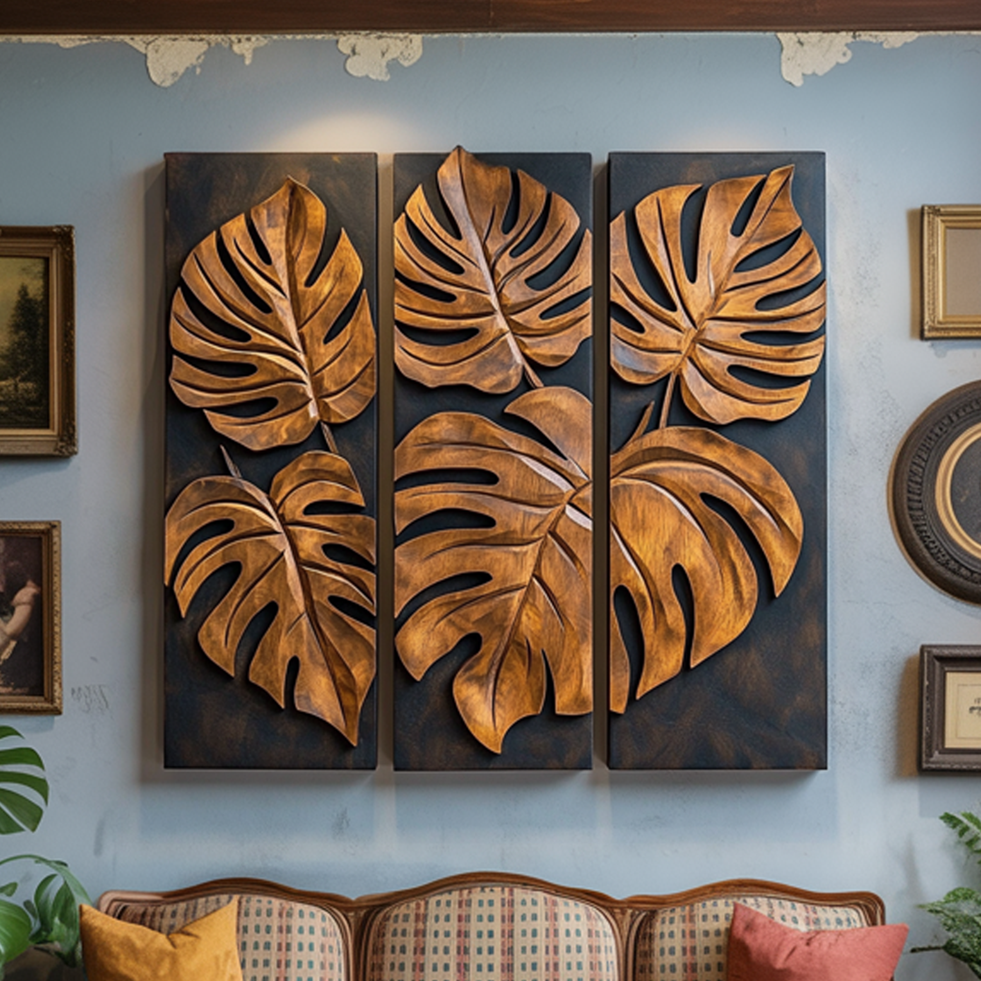 Carved Monstera Leaf Solid Wood Wall Art Triptych Statement Decor