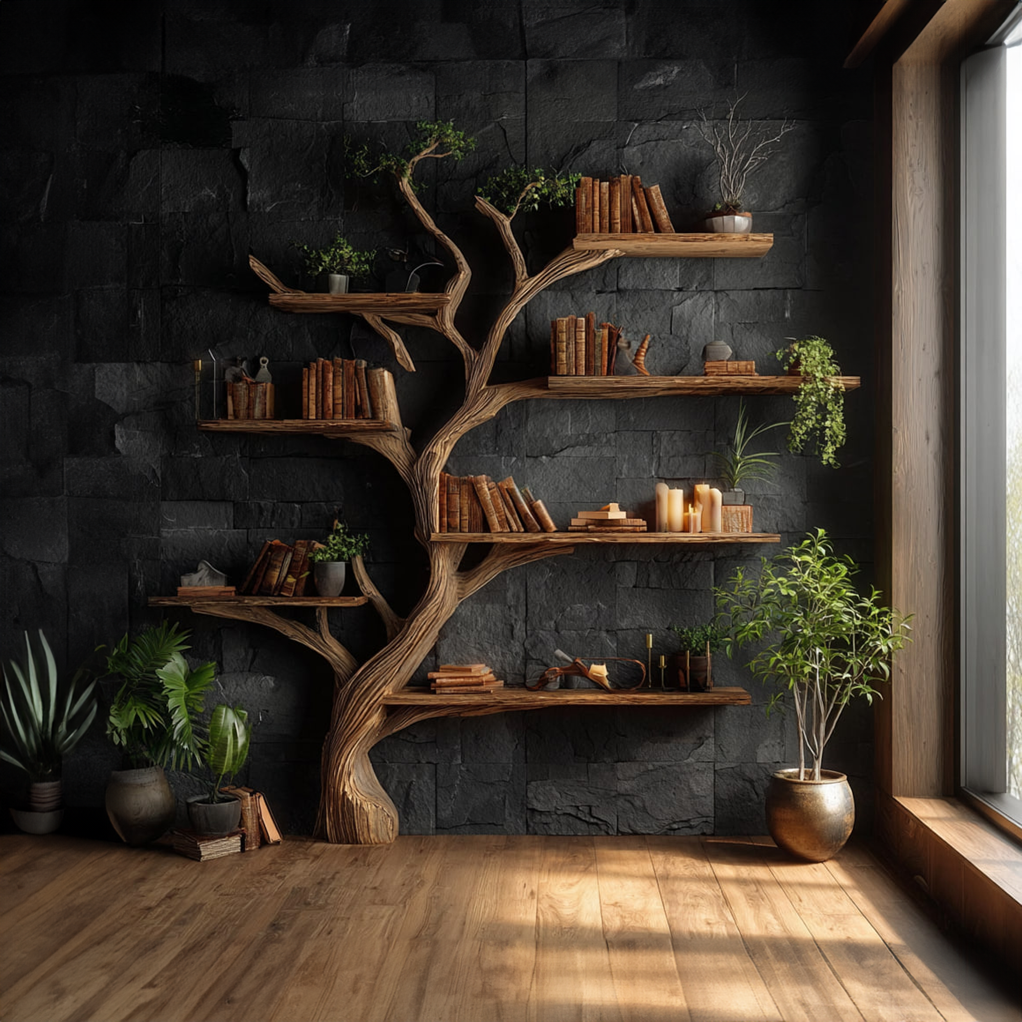 Rustic Handcrafted Tree Bookshelf For Living Room