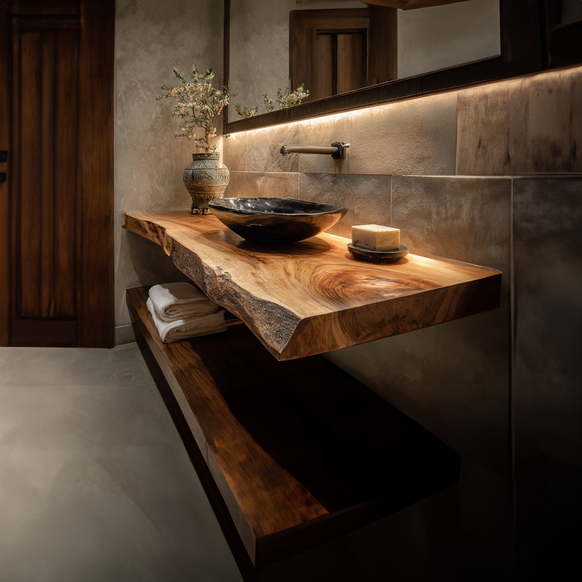 Mid Century Bathroom Vanity Shelf Curved Edge Wood Bathroom Look