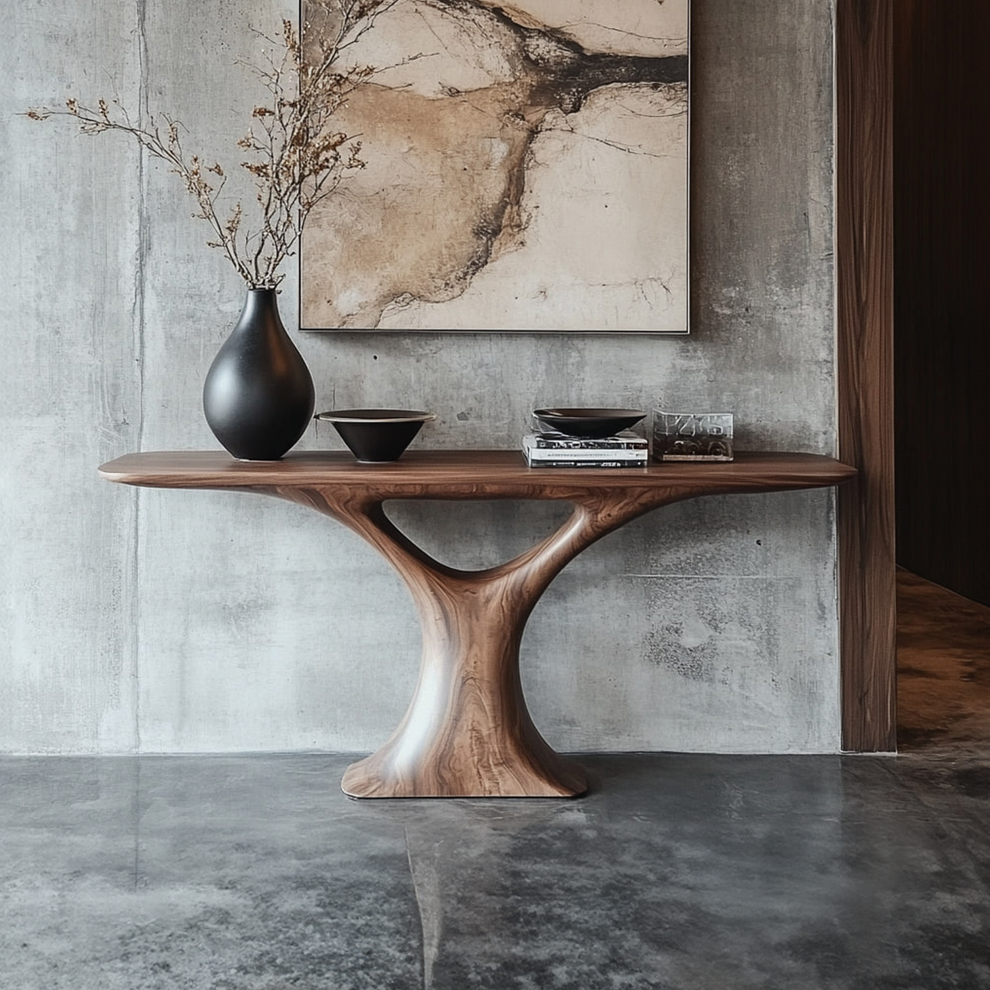 Mid Century Entry Table Smooth Sculptural Form Luxury Welcome Area