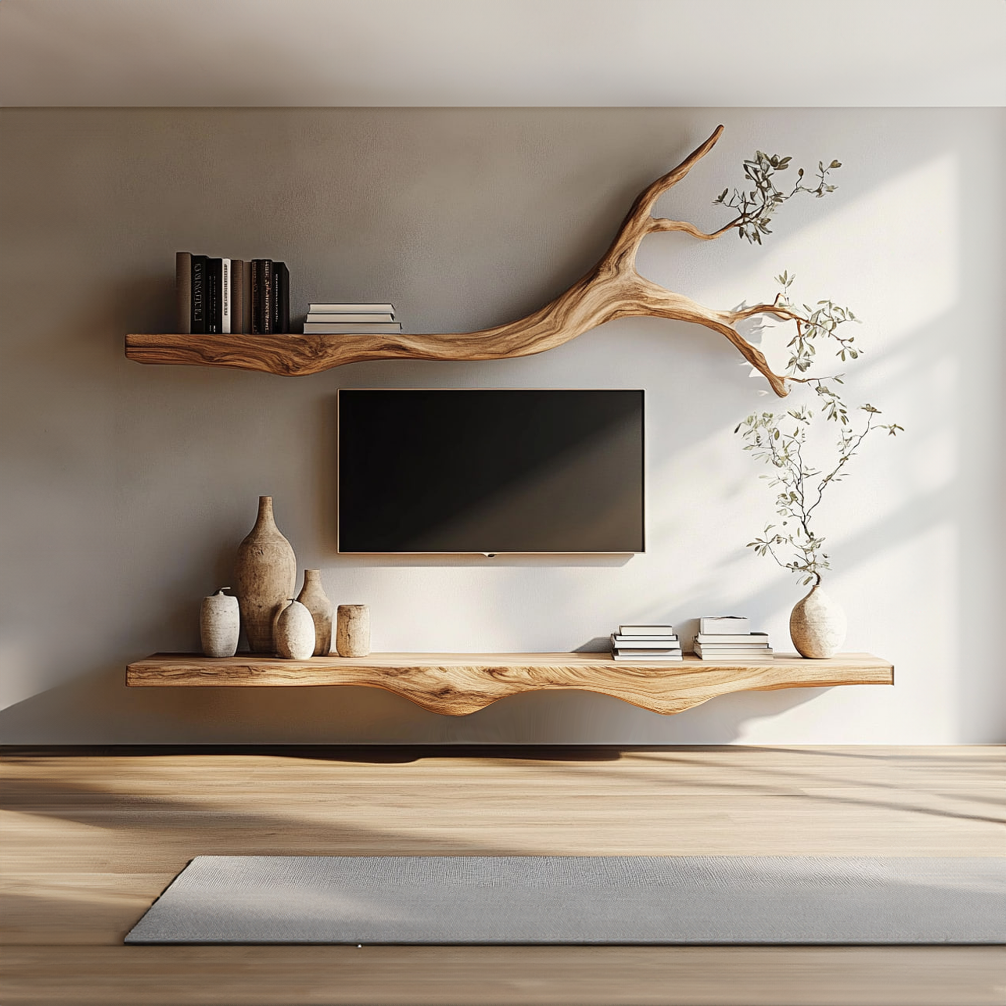 Set 2 Pieces Rustic Floating Wall TV Console Solid Wood Bedroom Living