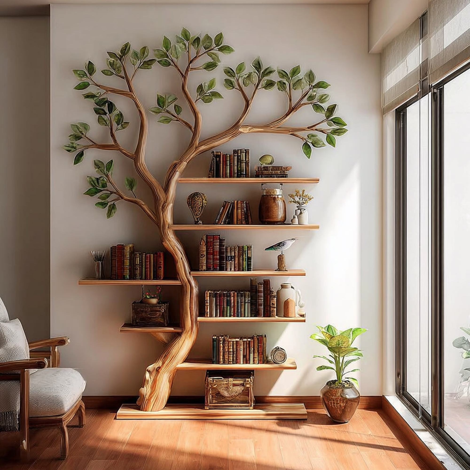 Rustic Tree Bookshelf Living Room Office Artistic Wall Display