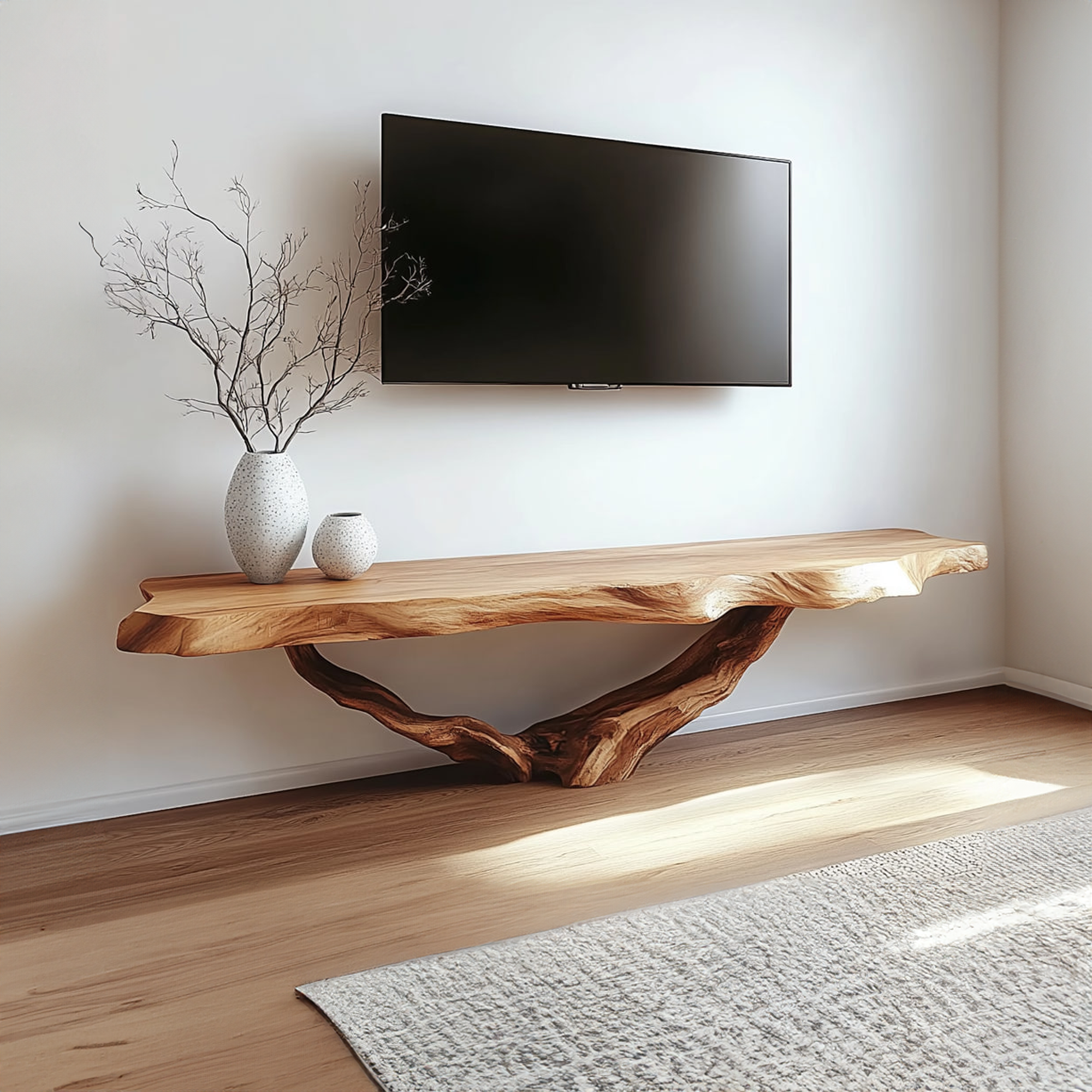 Live Edge Solid Wood TV Console Handmade Floating Media Shelf For Living Room