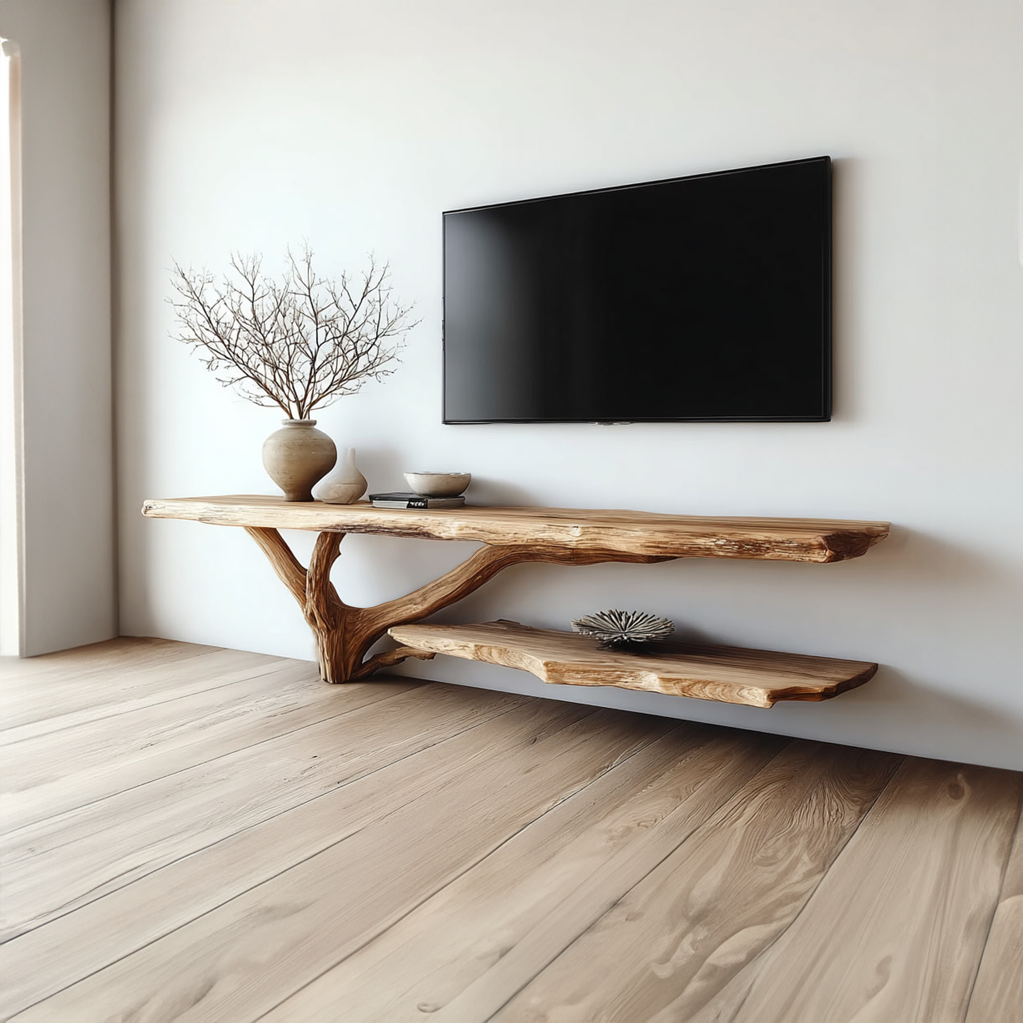 Rustic TV Console Two Tier Live Edge Apartment Space