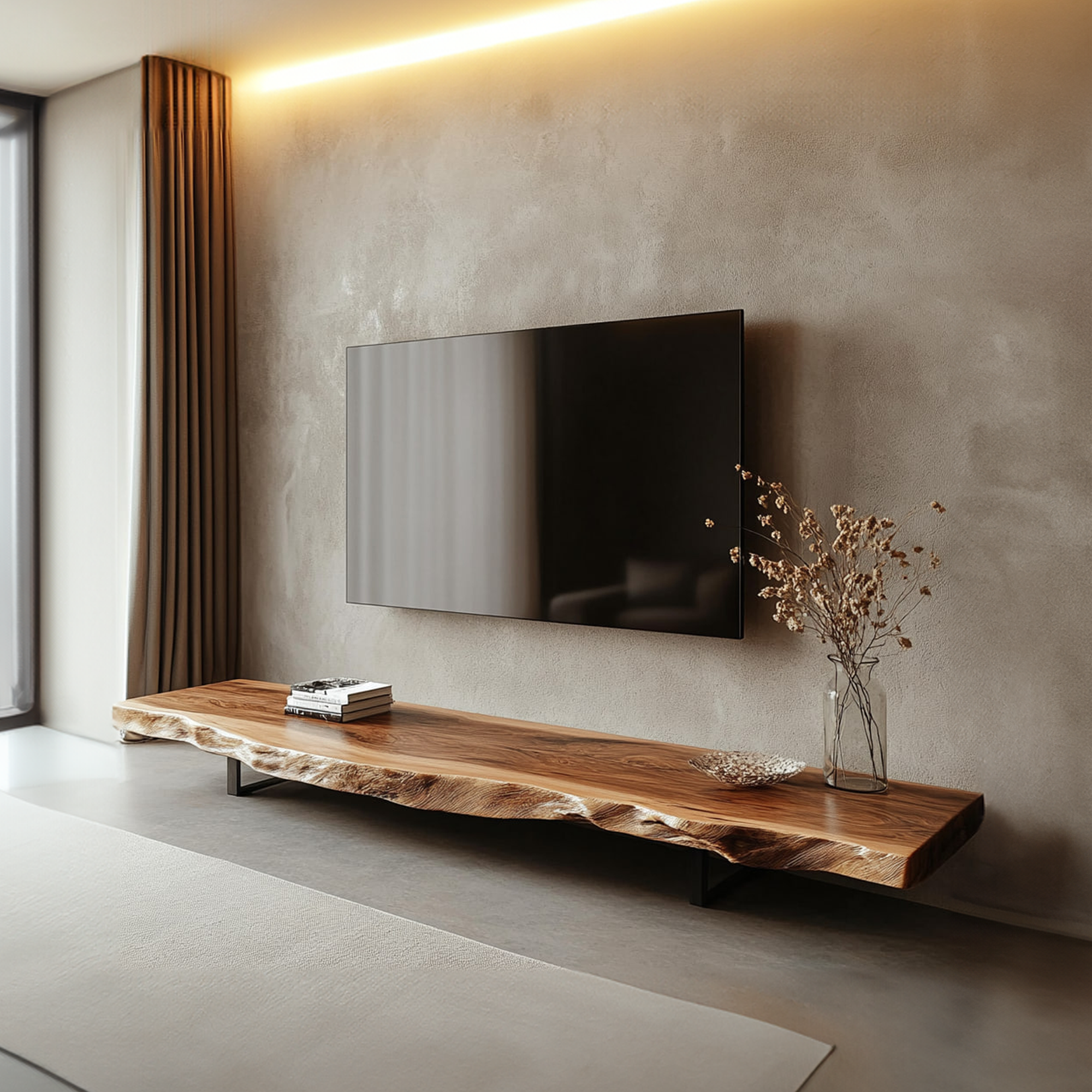 Mid Century TV Console Live Edge Wood Master Bedroom