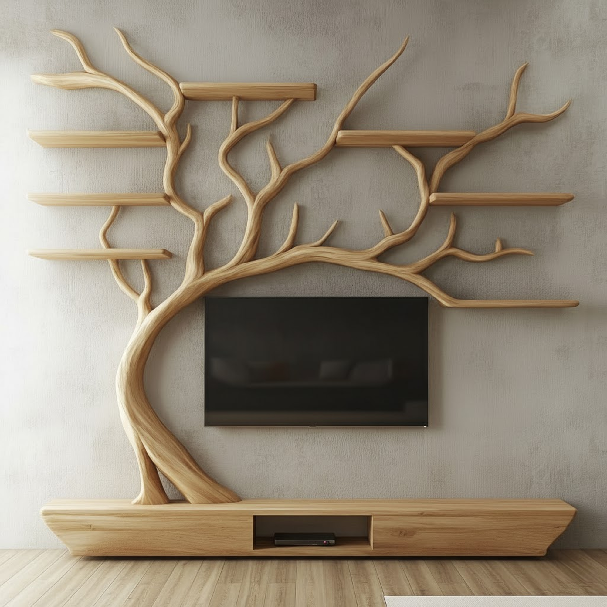 Nature Inspired Tree TV Wall Shelf For Living Room Media Storage And Decor