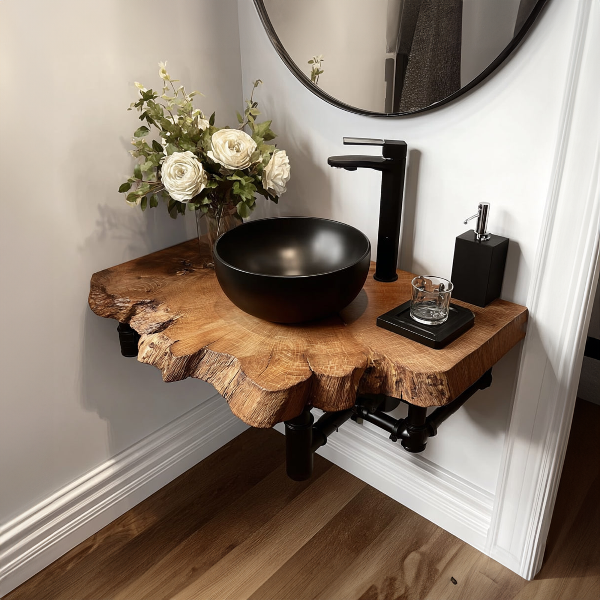 Mid Century Floating Shelf Narrow Powder Room