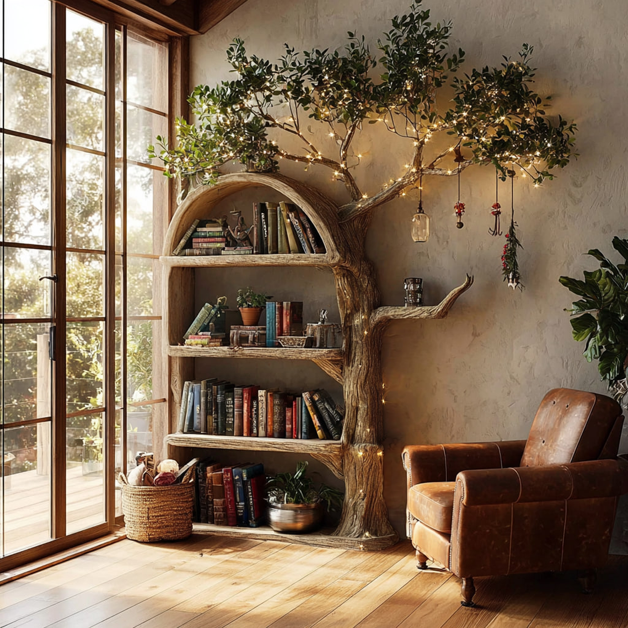 Rustic Tree Bookshelf Living Room Wall Display