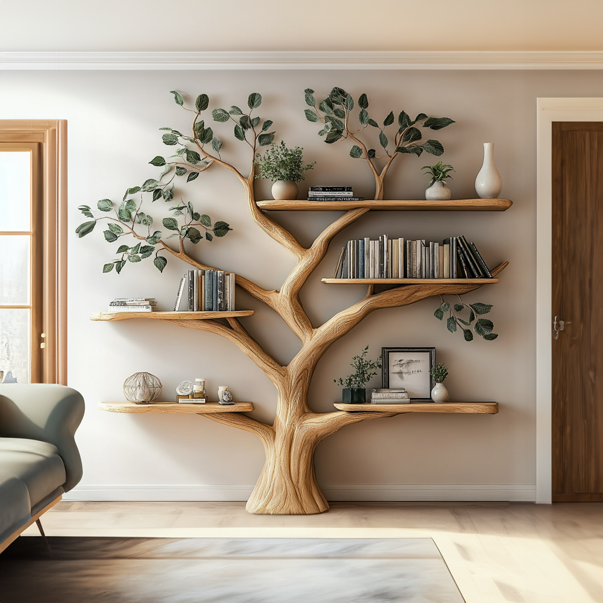 Handcrafted Tree Bookshelf Wall-Mounted Furniture Living Room