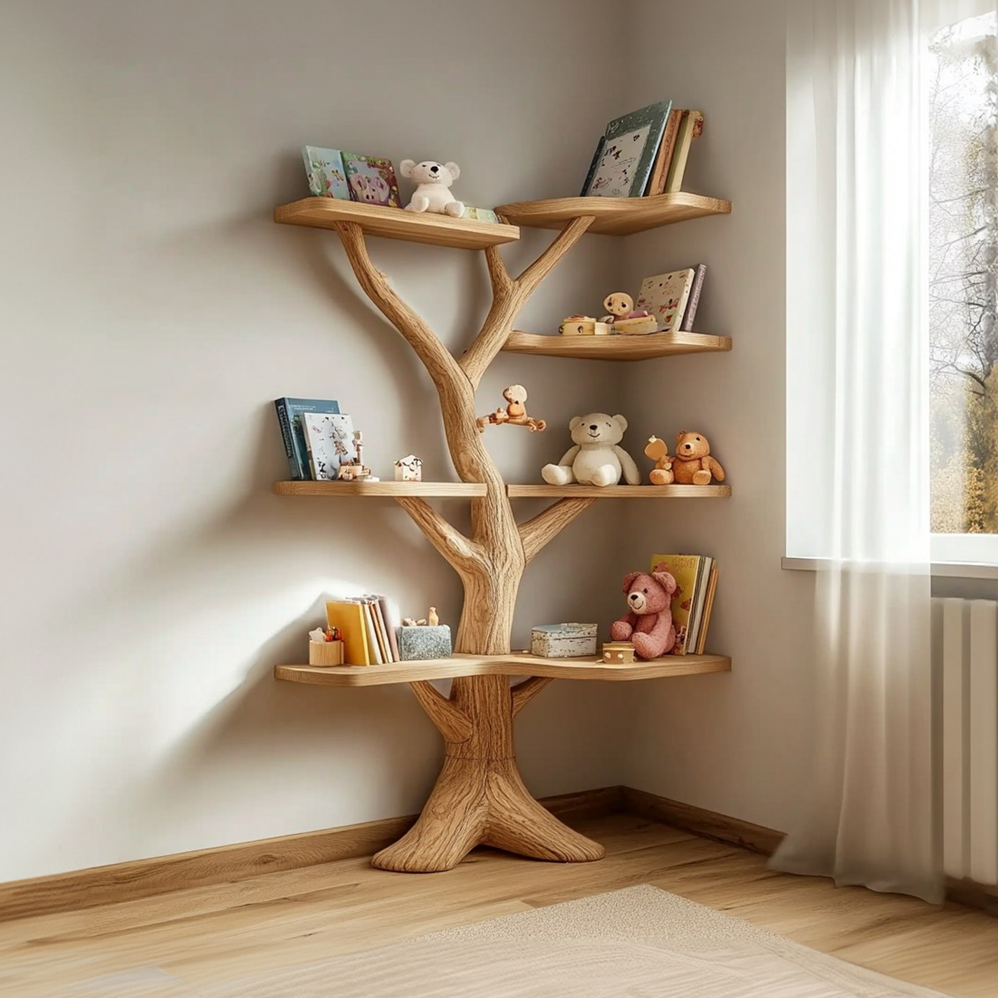 Handcrafted Tree Corner Shelf For Kids Room Book Storage