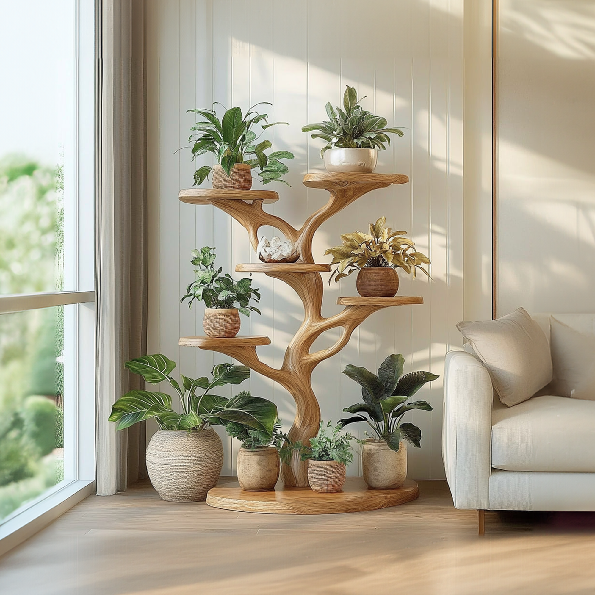 Rustic Organic Tree Plant Stand Living Room