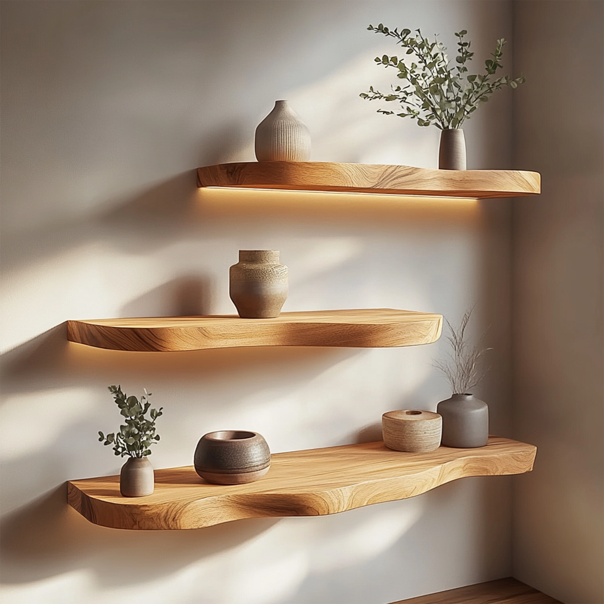 Minimal Solid Wood Floating Shelves For Living Room