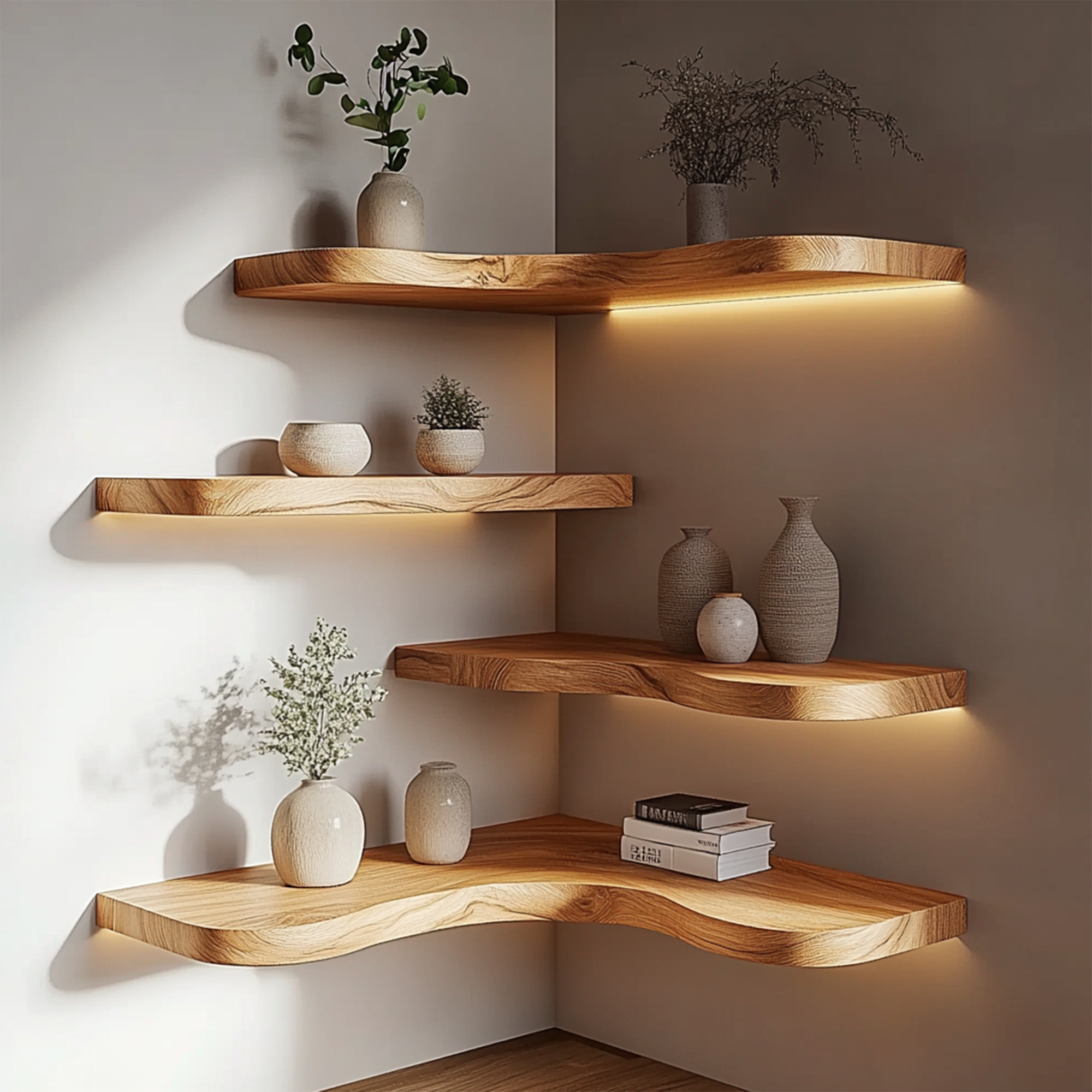 Corner Solid Wood Floating Shelves Organic Layered Wall Display Interior Decor