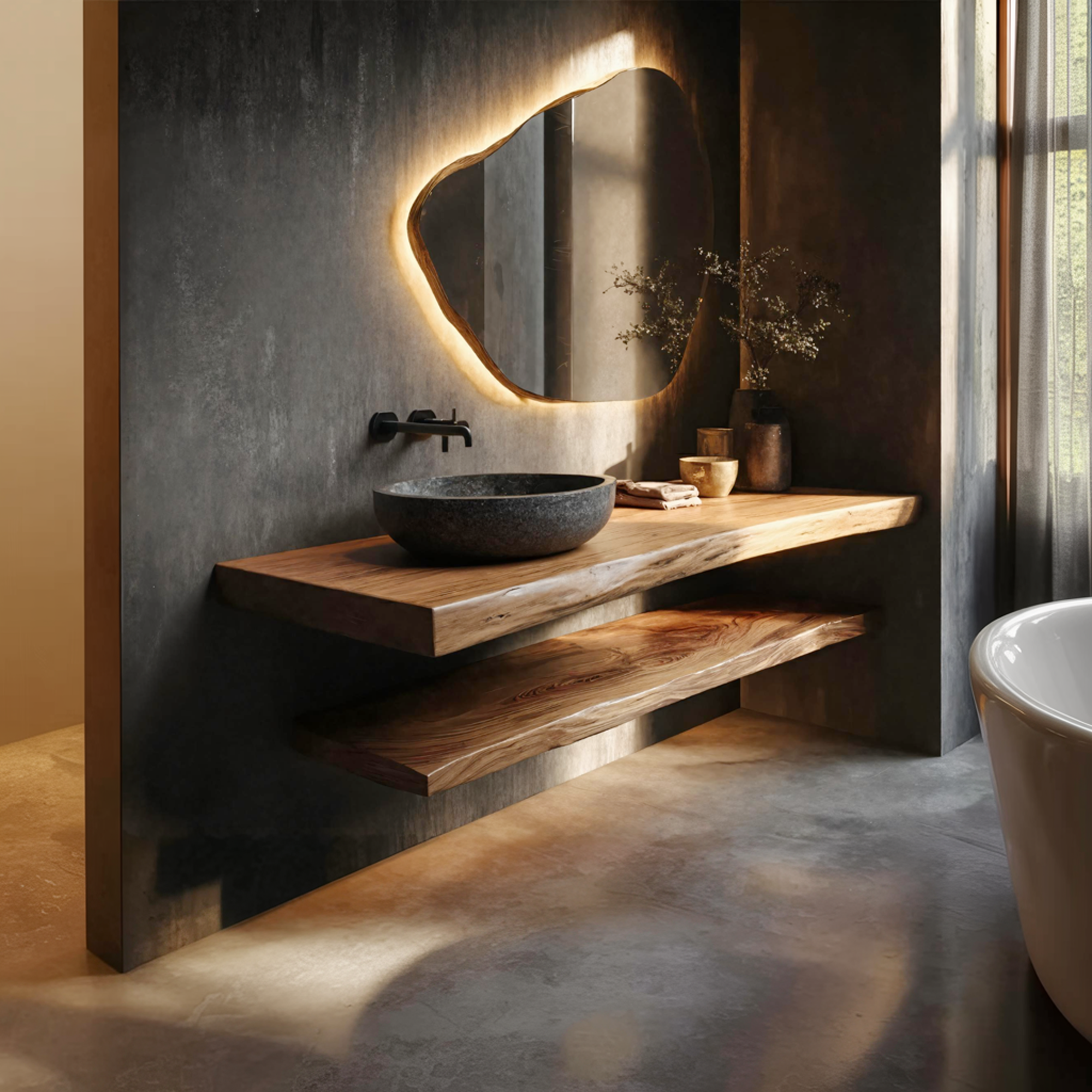 Japandi Style Bathroom Vanity Live Edge Floating Counter Shelf