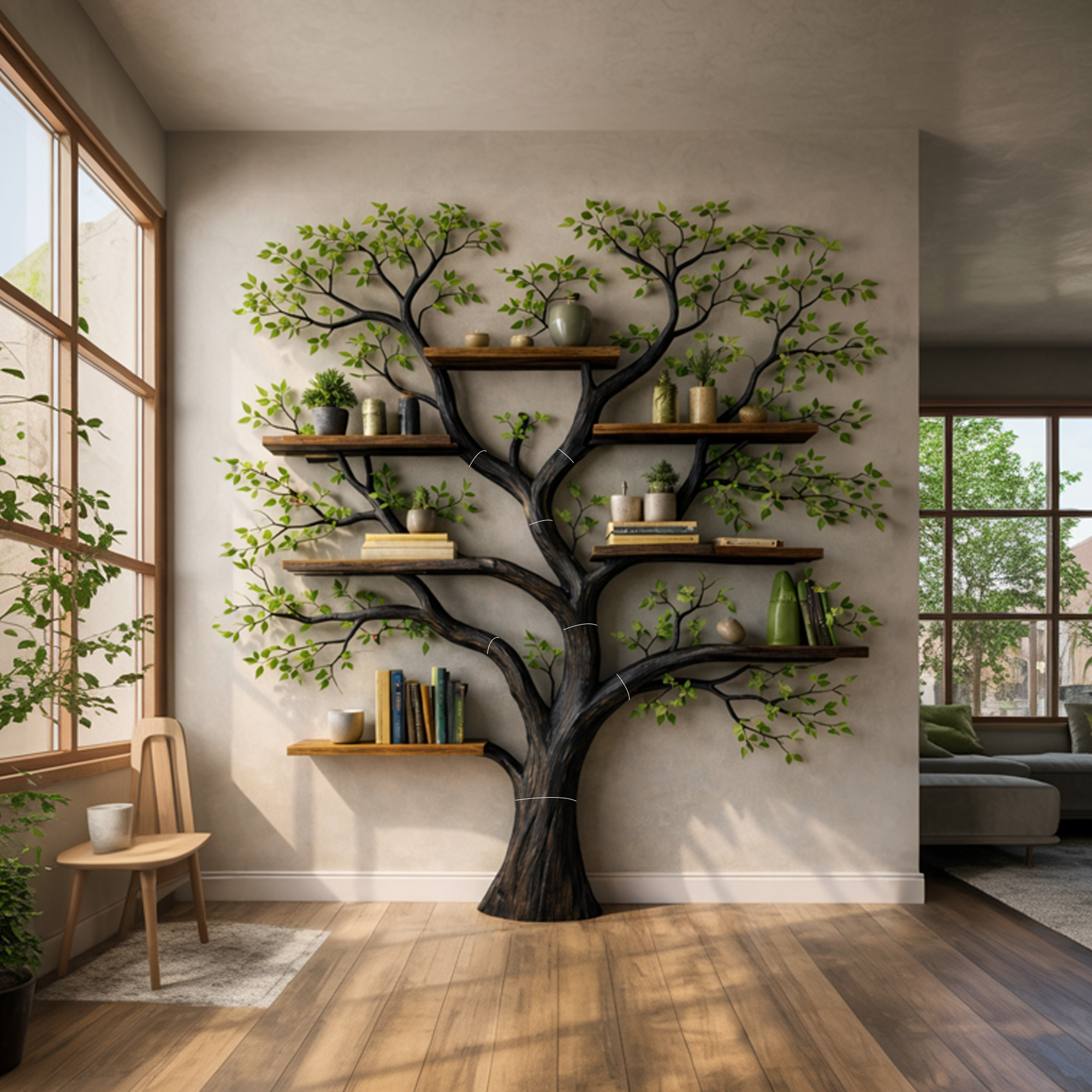 Handcrafted Tree Storage Bookcase Living Room Interior Living Wall Feature