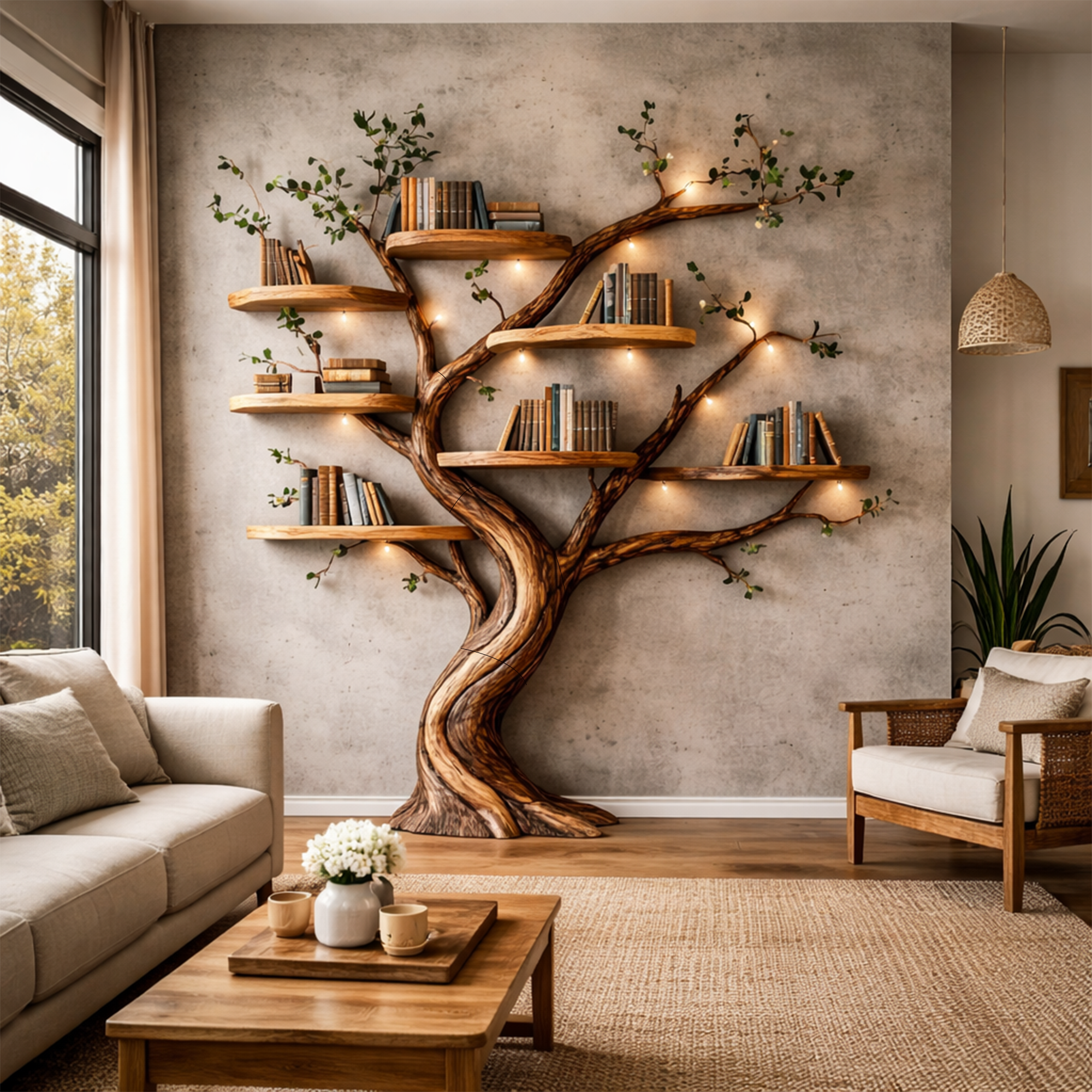 Organic Tree Bookshelf Living Room Interior Sculptural Wall Display