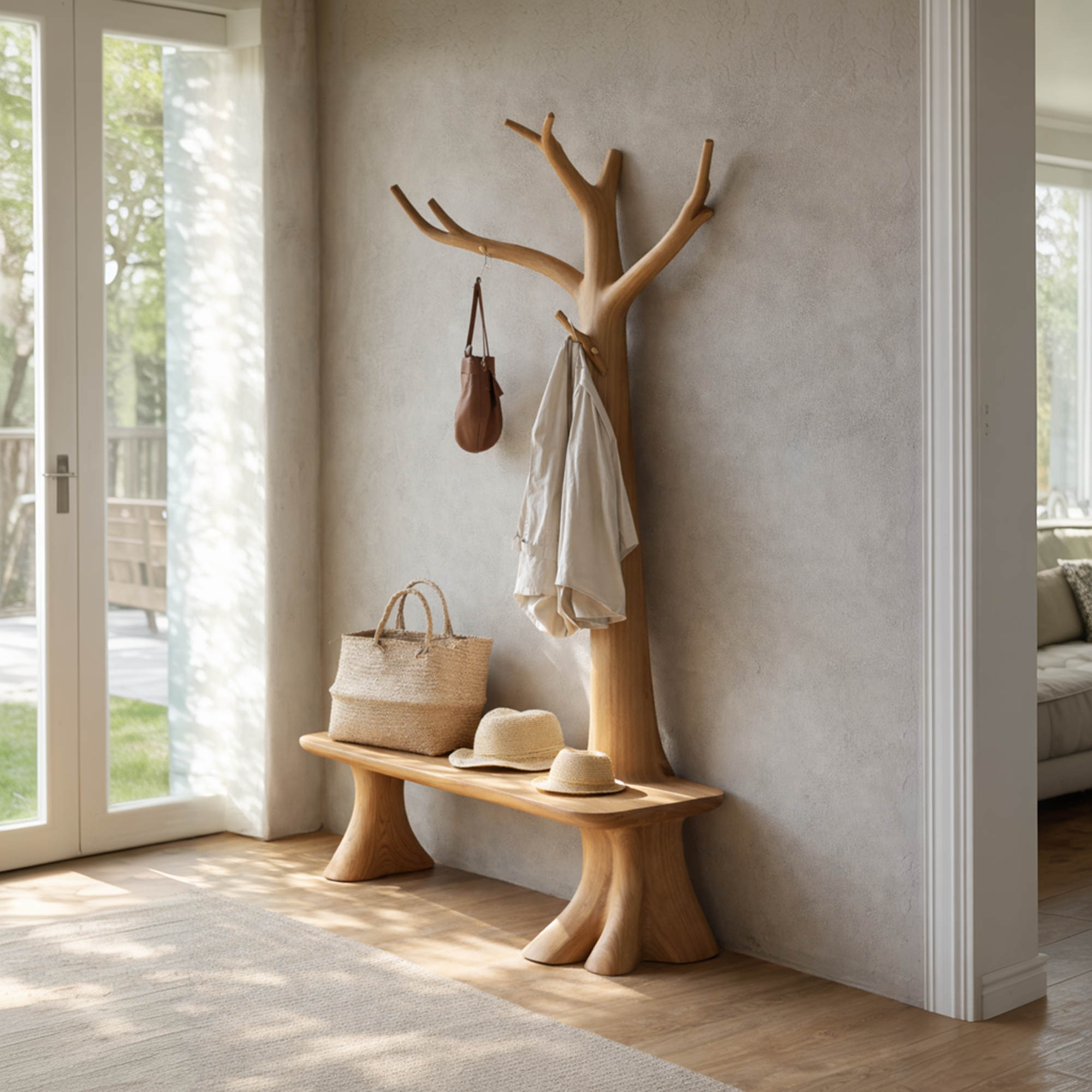 Handcrafted Tree Coat Rack With Bench Solid Wood Entryway Interior Functional Decor