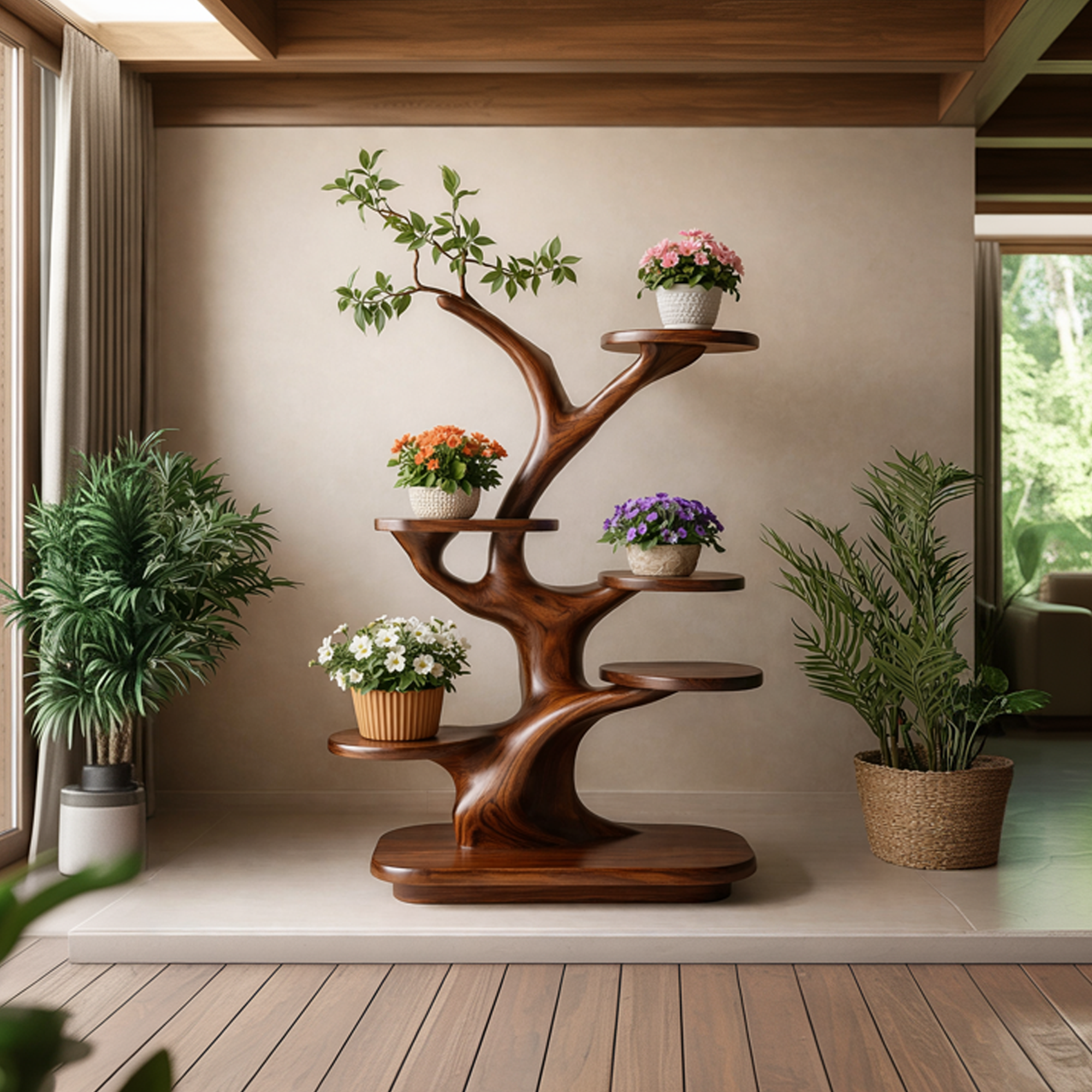 Mid Century Wooden Tree Plant Stand Home Interior