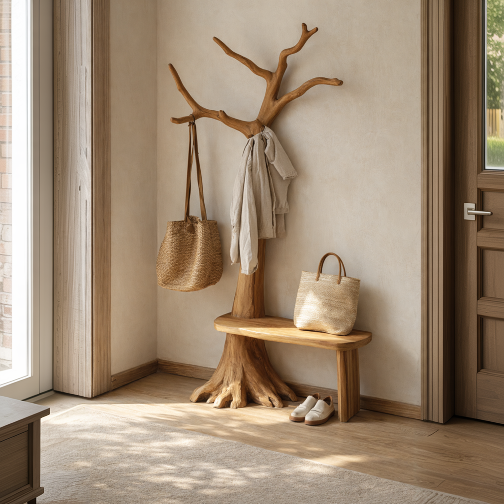Rustic Artistic Wooden Tree Coat Stand Bench Solid Wood Entryway Interior Signature Furniture
