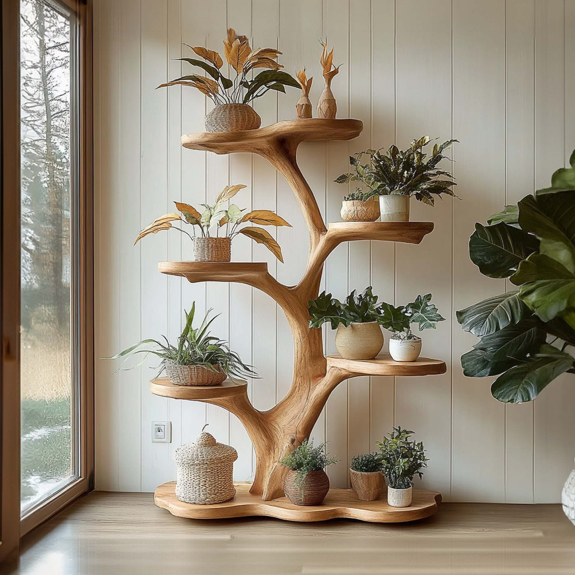Rustic Tree Plant Shelf Indoor Green Display Living Room