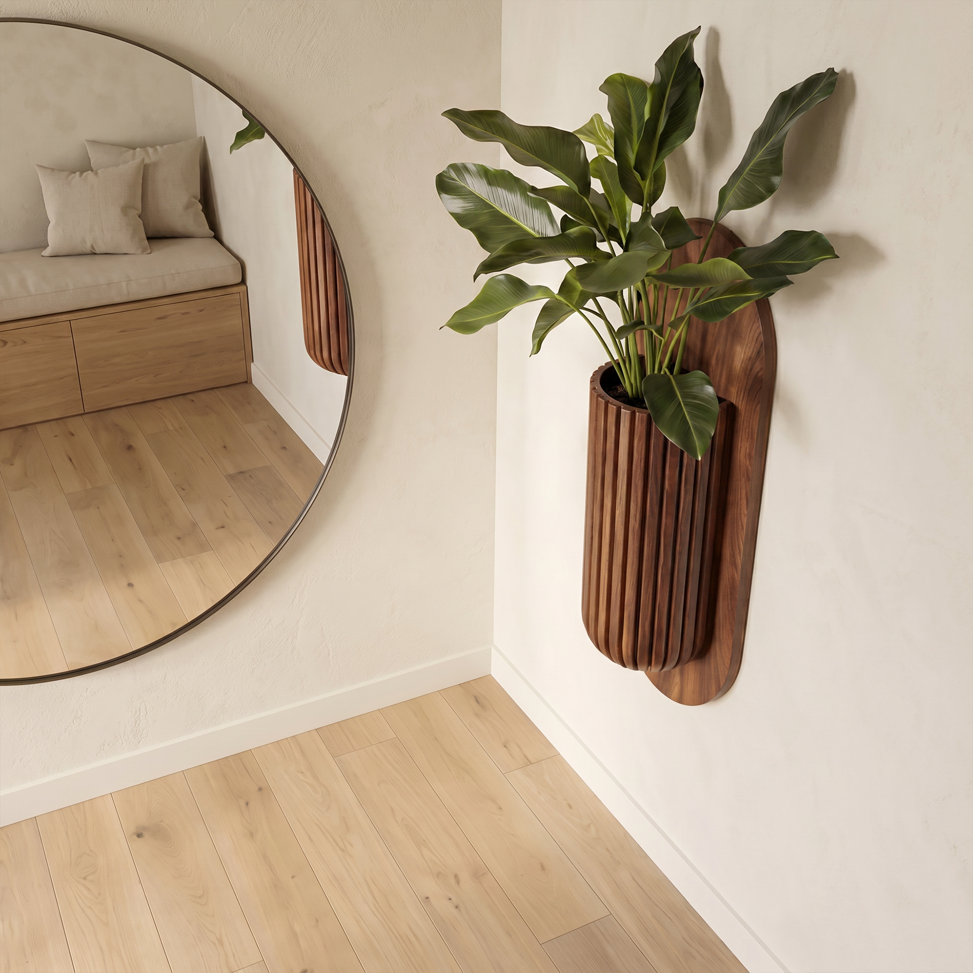 Minimalist Wood Wall Planter With Solid Wood Display Vessel For Plants