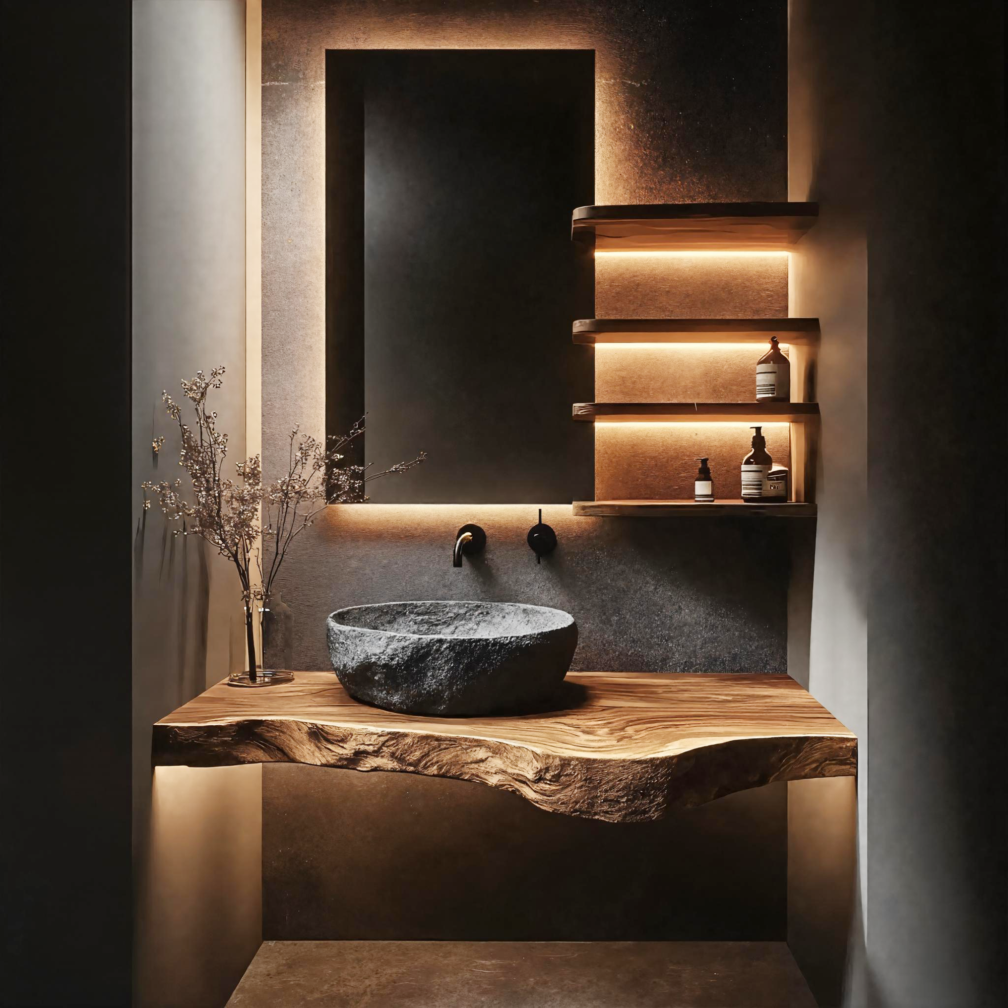 Wabi Sabi Bathroom Vanity Floating Wood Countertop Shelf