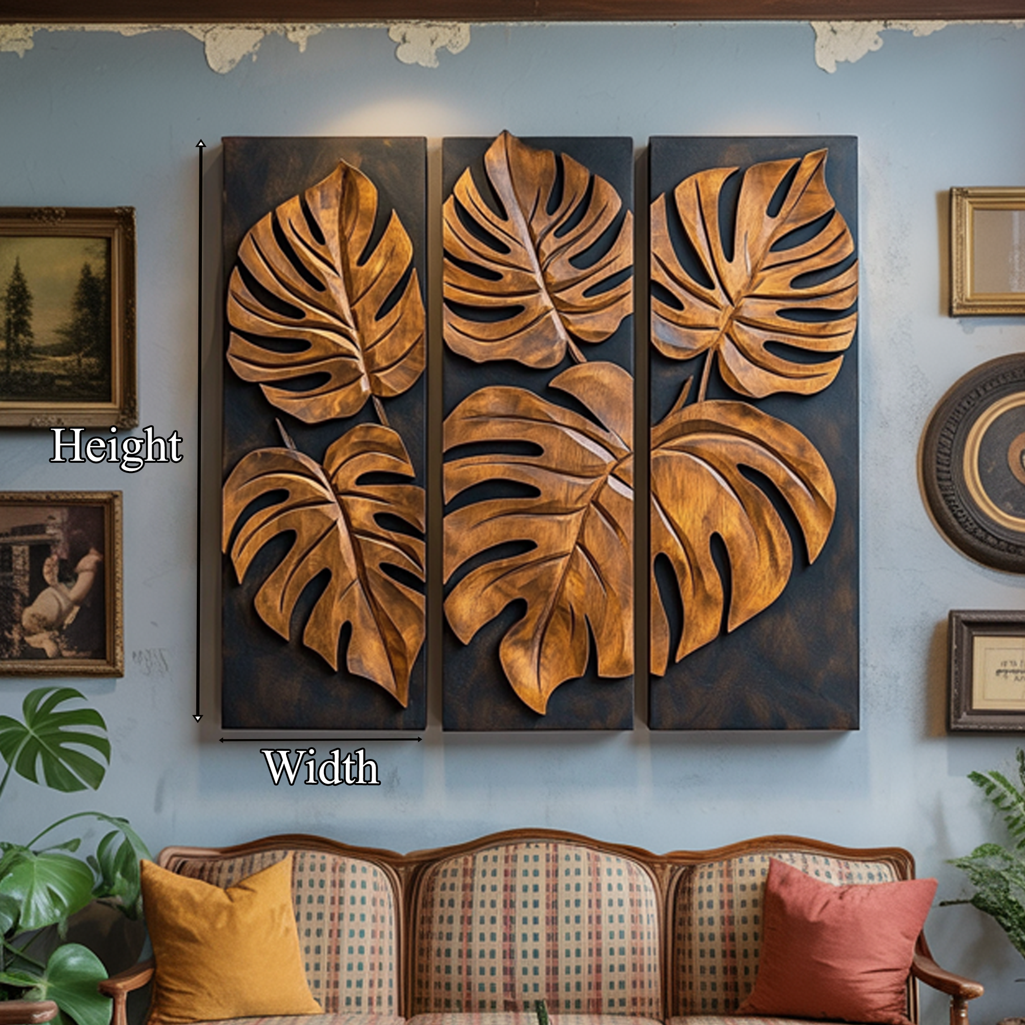 Carved Monstera Leaf Solid Wood Wall Art Triptych Statement Decor