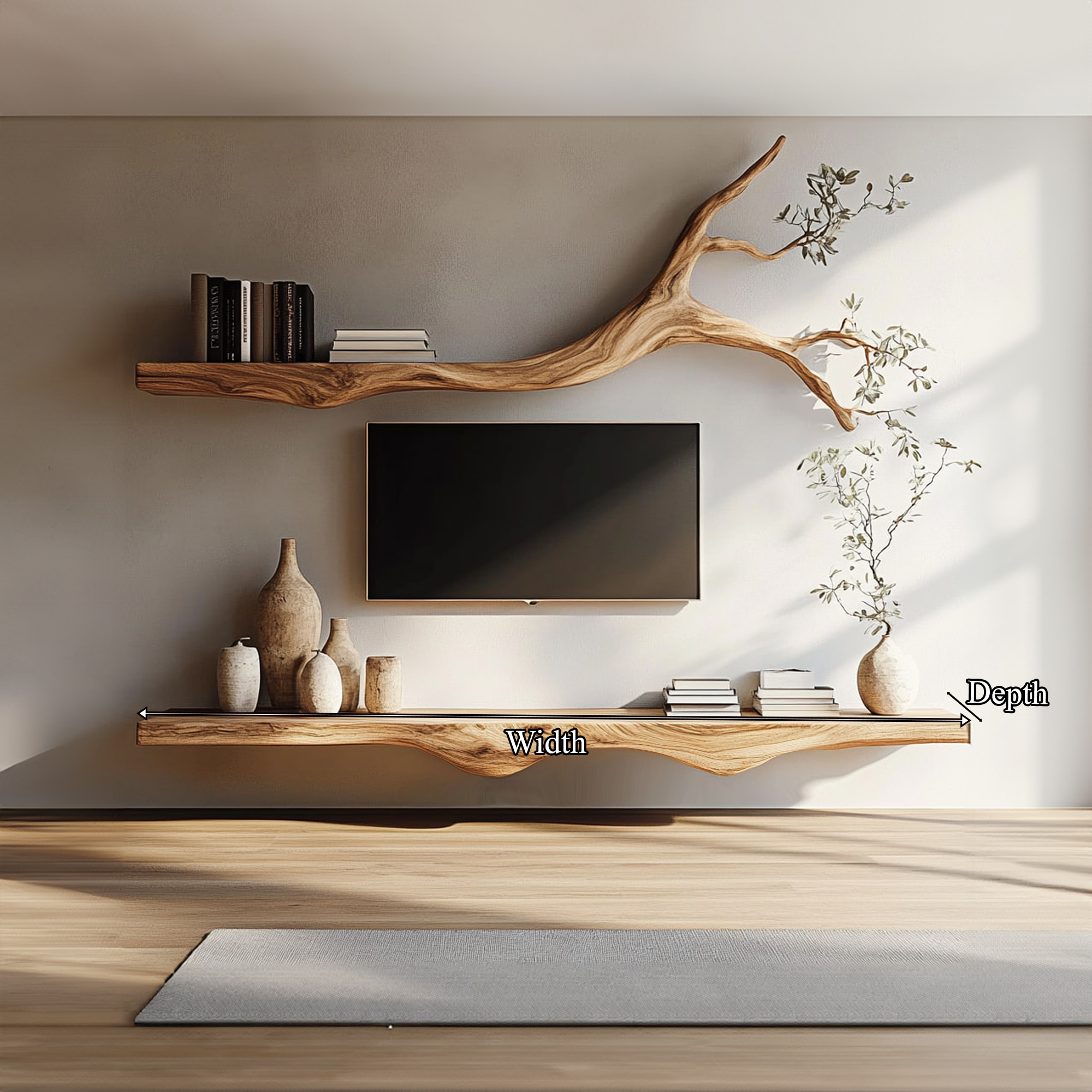 Set 2 Pieces Rustic Floating Wall TV Console Solid Wood Bedroom Living