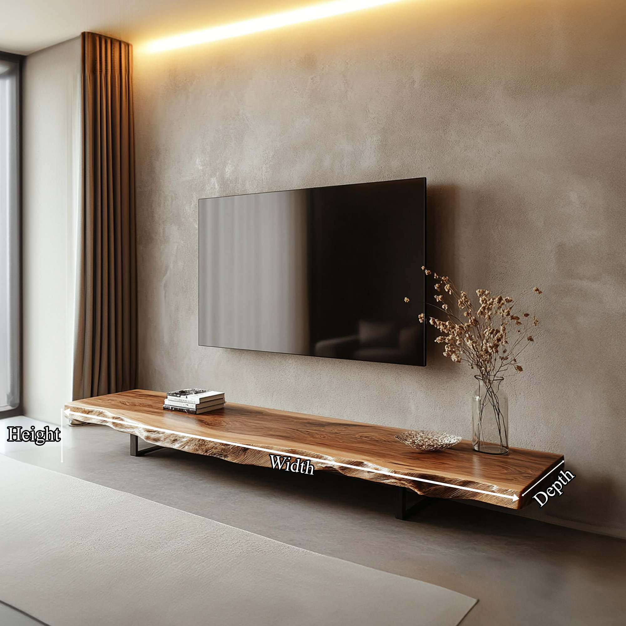 Mid Century TV Console Live Edge Wood Master Bedroom