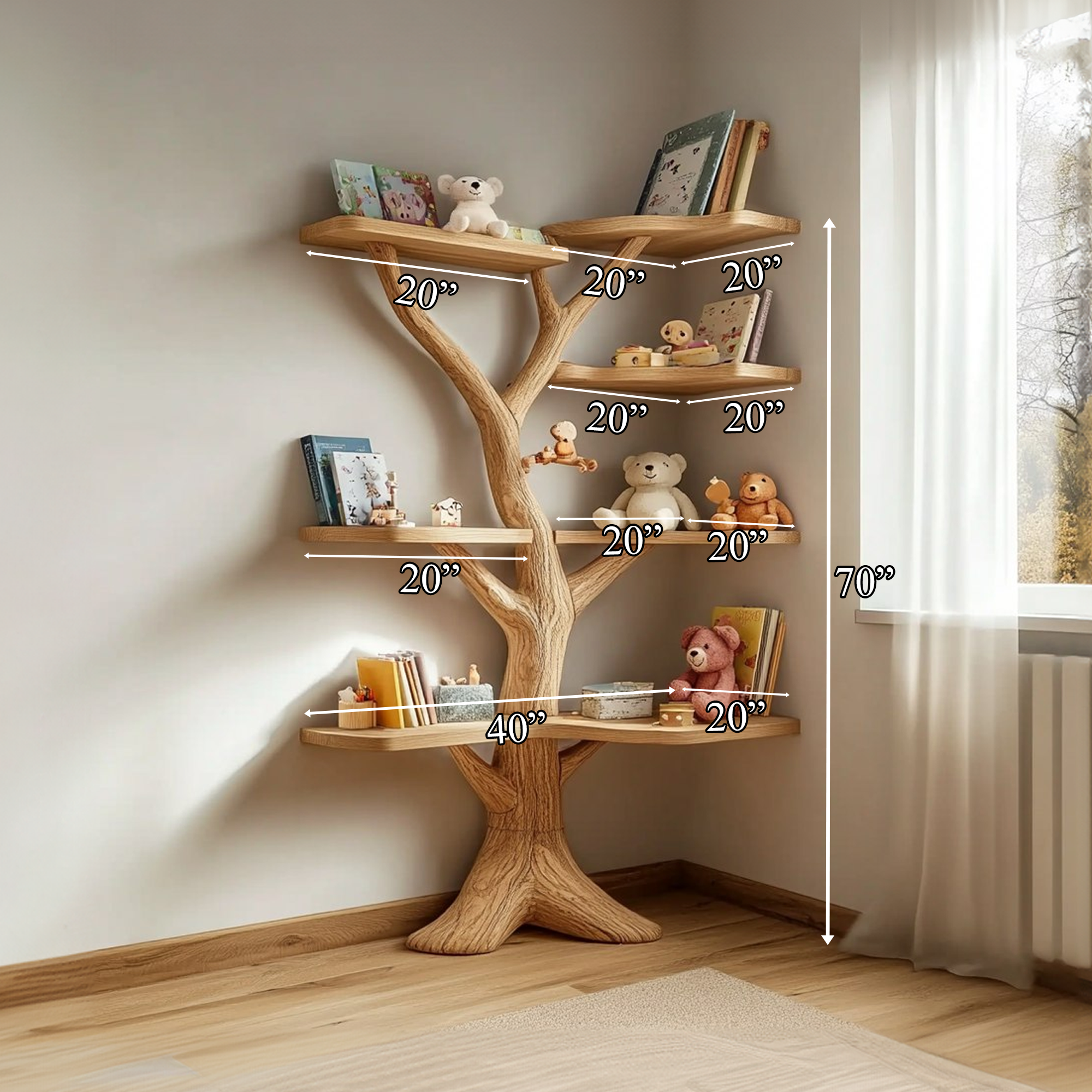Handcrafted Tree Corner Shelf For Kids Room Book Storage