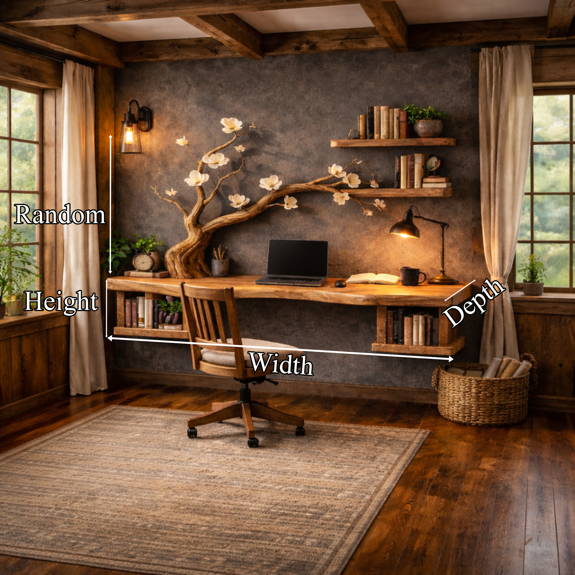 Organic Sculptural Floating Desk With Tree Branch Art For Home Office