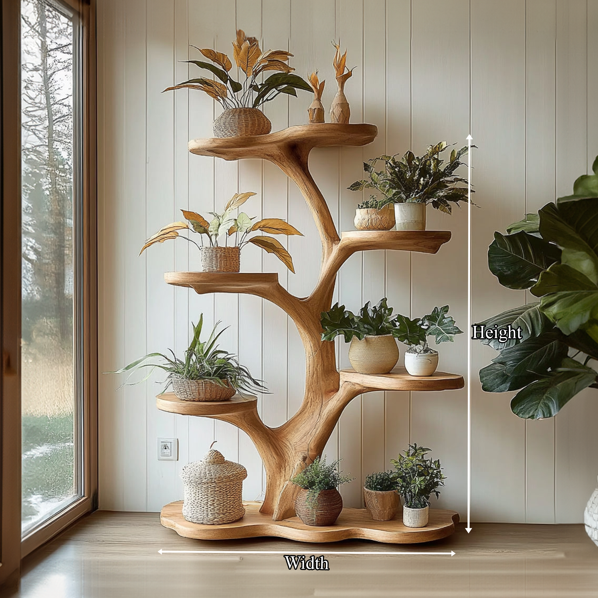 Rustic Tree Plant Shelf Indoor Green Display Living Room