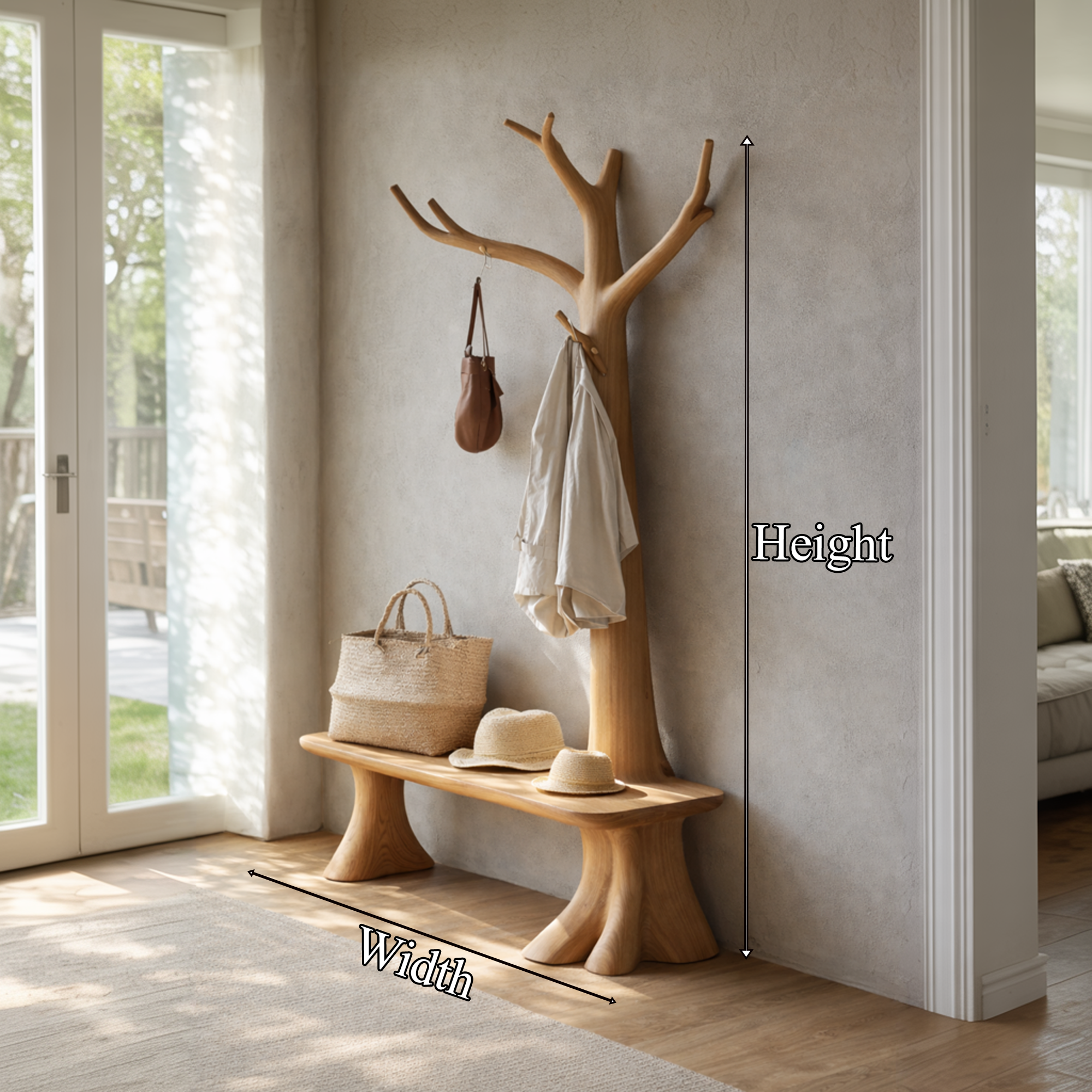 Handcrafted Tree Coat Rack With Bench Solid Wood Entryway Interior Functional Decor