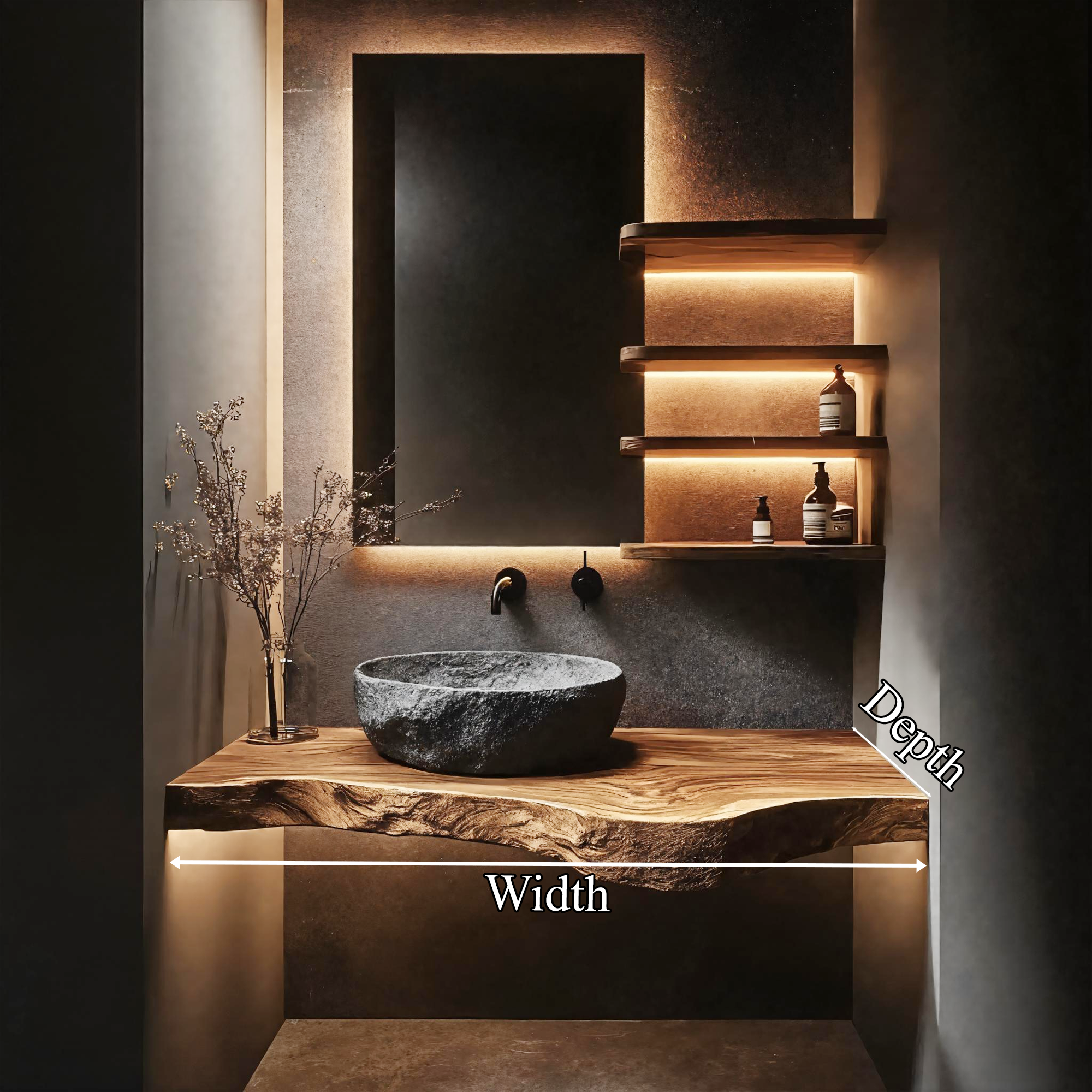 Wabi Sabi Bathroom Vanity Floating Wood Countertop Shelf