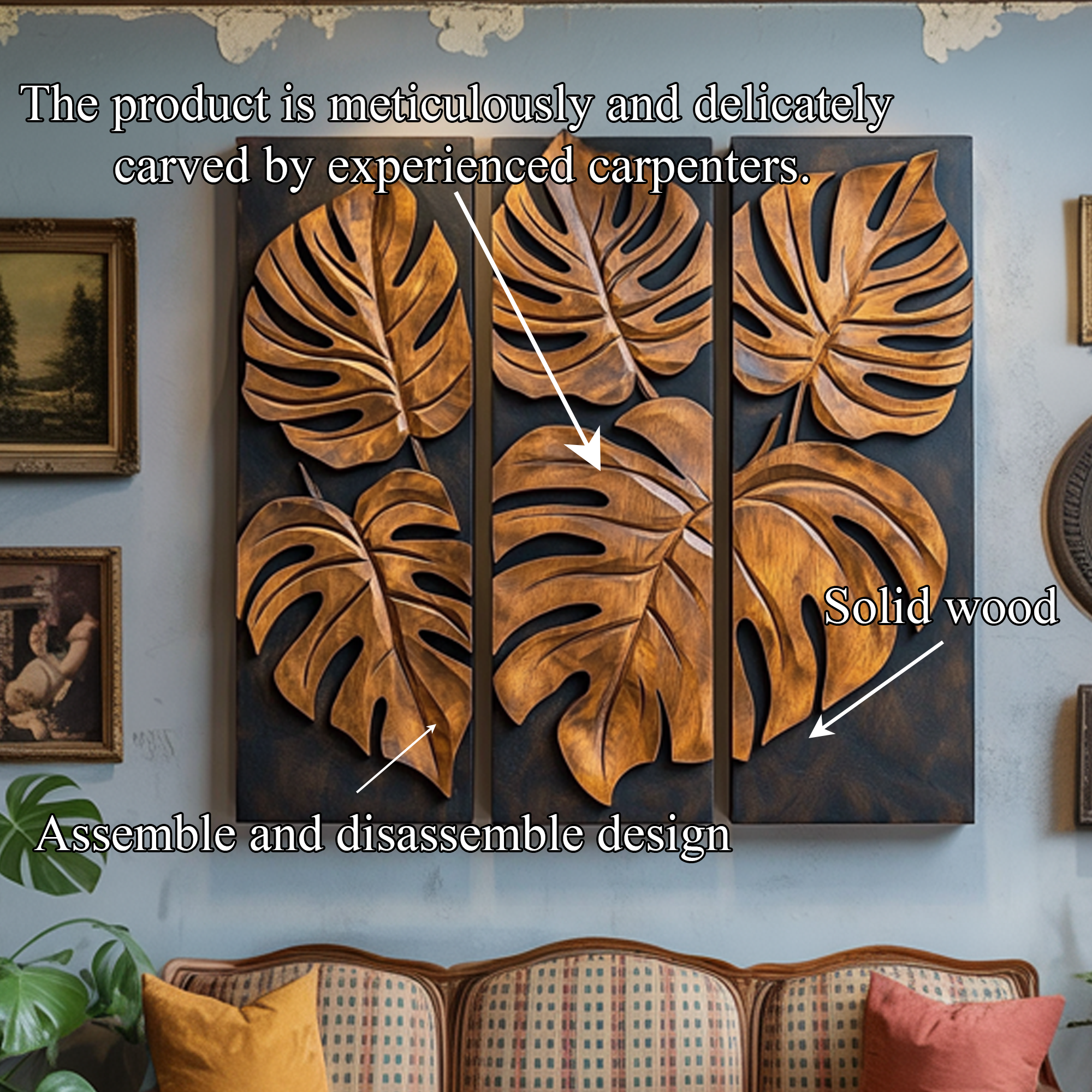 Carved Monstera Leaf Solid Wood Wall Art Triptych Statement Decor