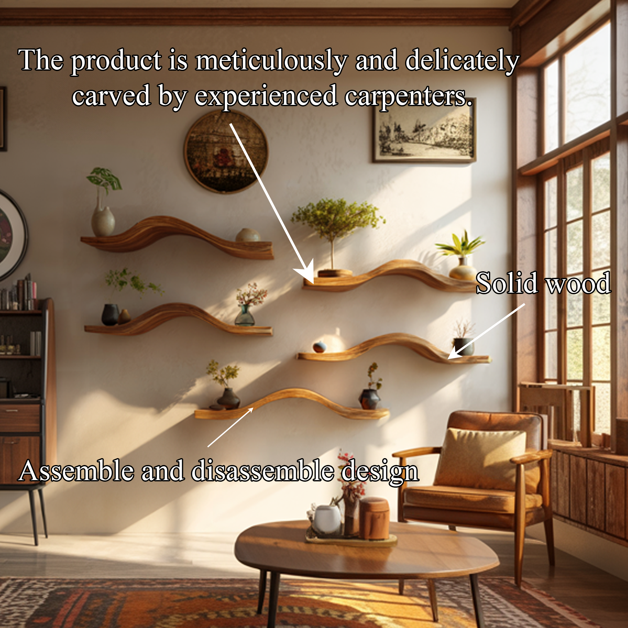 Curved Solid Wood Floating Shelves Organic Modern Living Room Interior