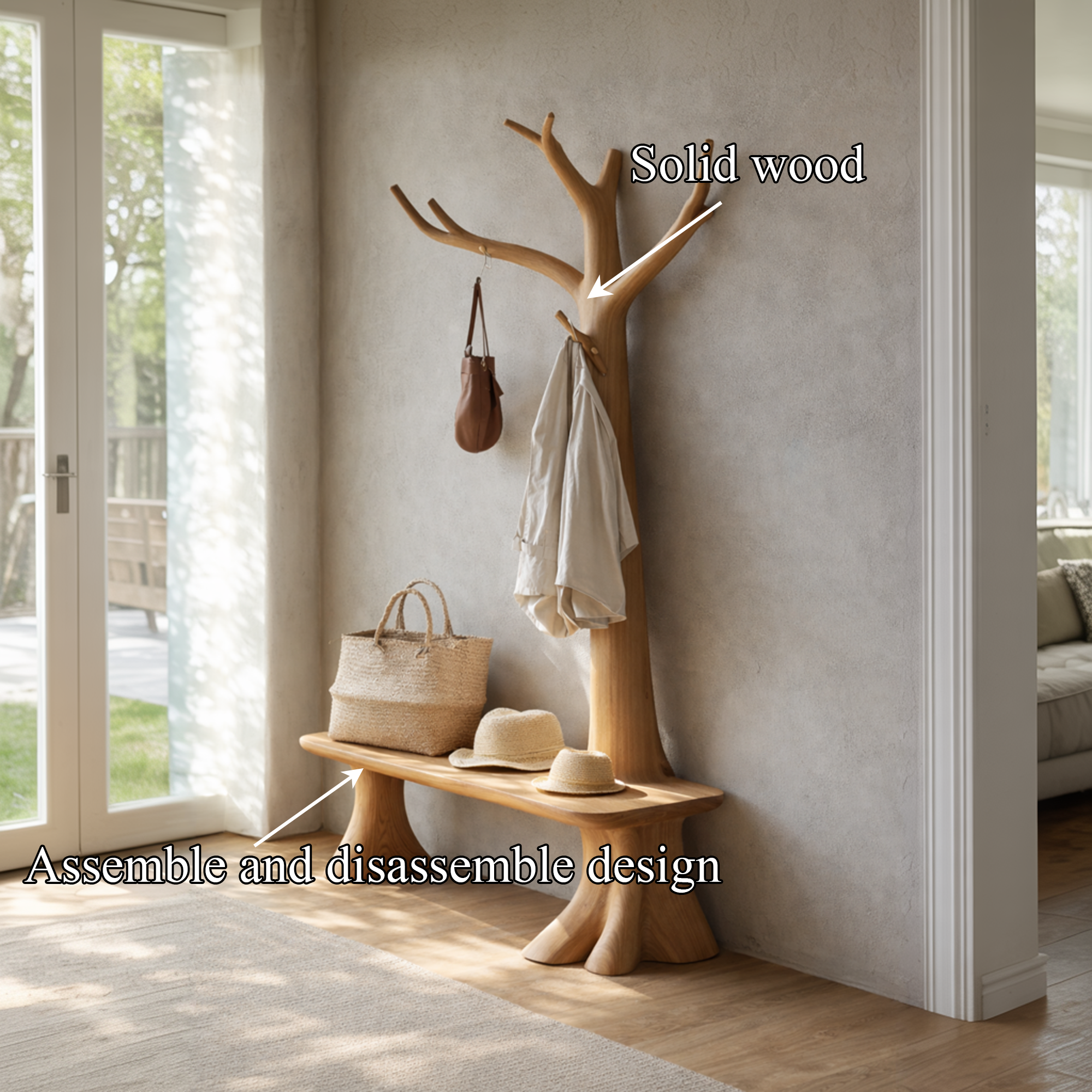 Handcrafted Tree Coat Rack With Bench Solid Wood Entryway Interior Functional Decor