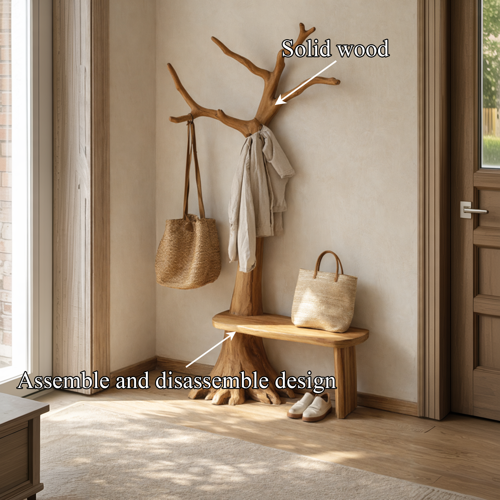 Rustic Artistic Wooden Tree Coat Stand Bench Solid Wood Entryway Interior Signature Furniture